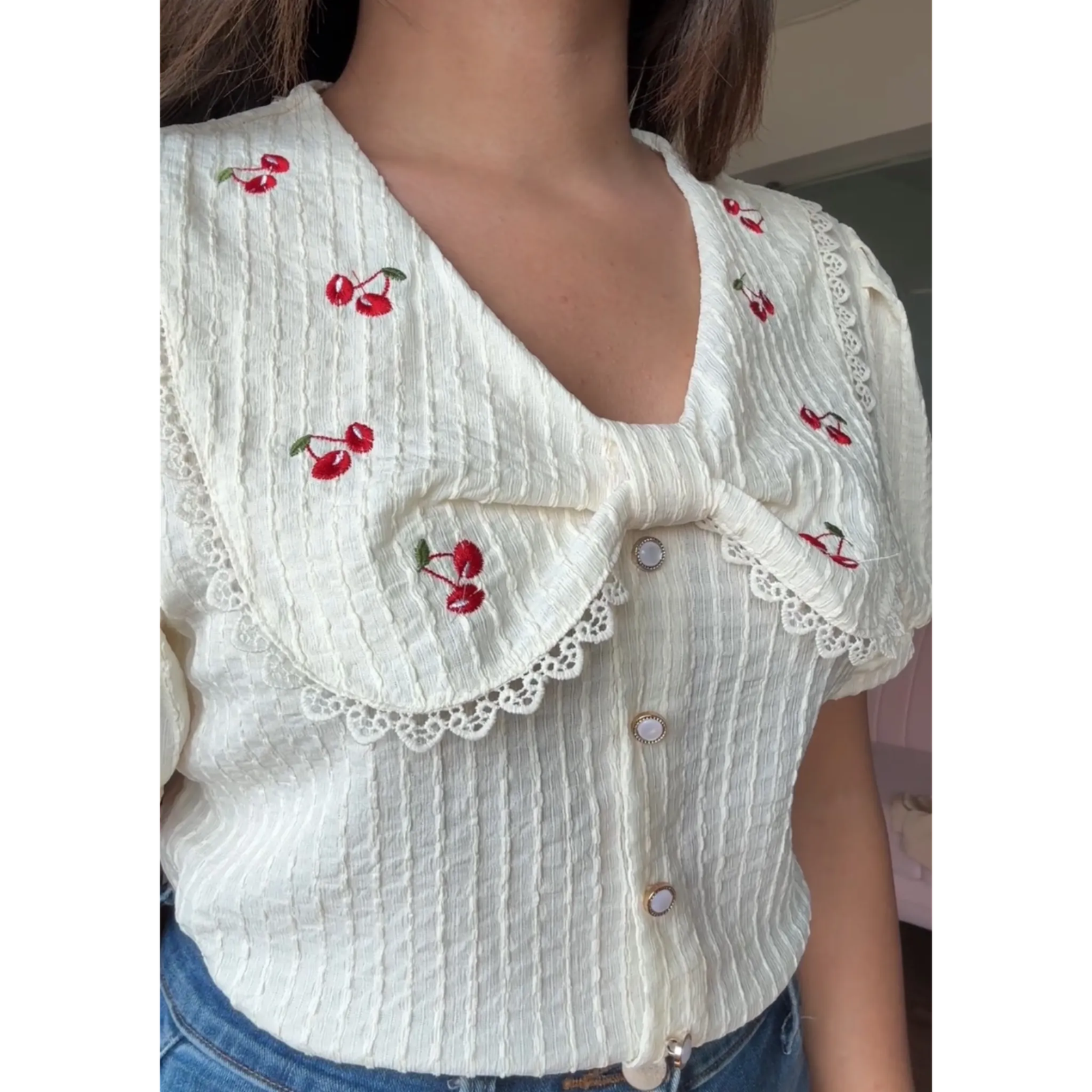 Korean Collar Cherry Detail Puff Sleeves Top