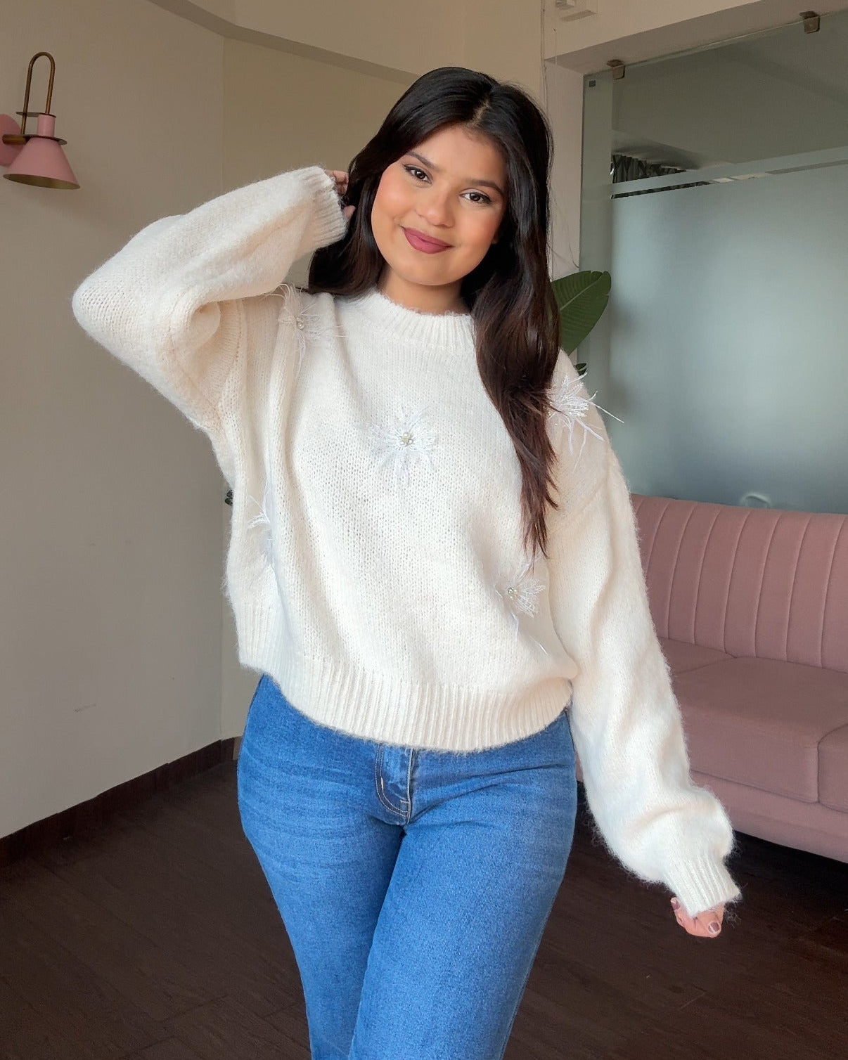 Pastel Relaxed Fit Lacy Flower Detailing Woollen Sweater