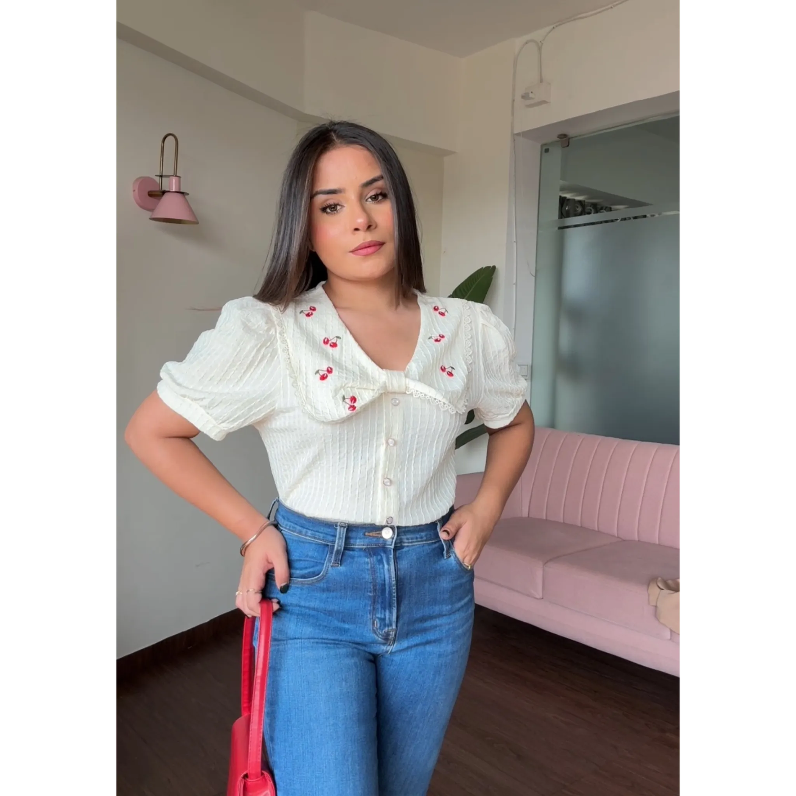 Korean Collar Cherry Detail Puff Sleeves Top