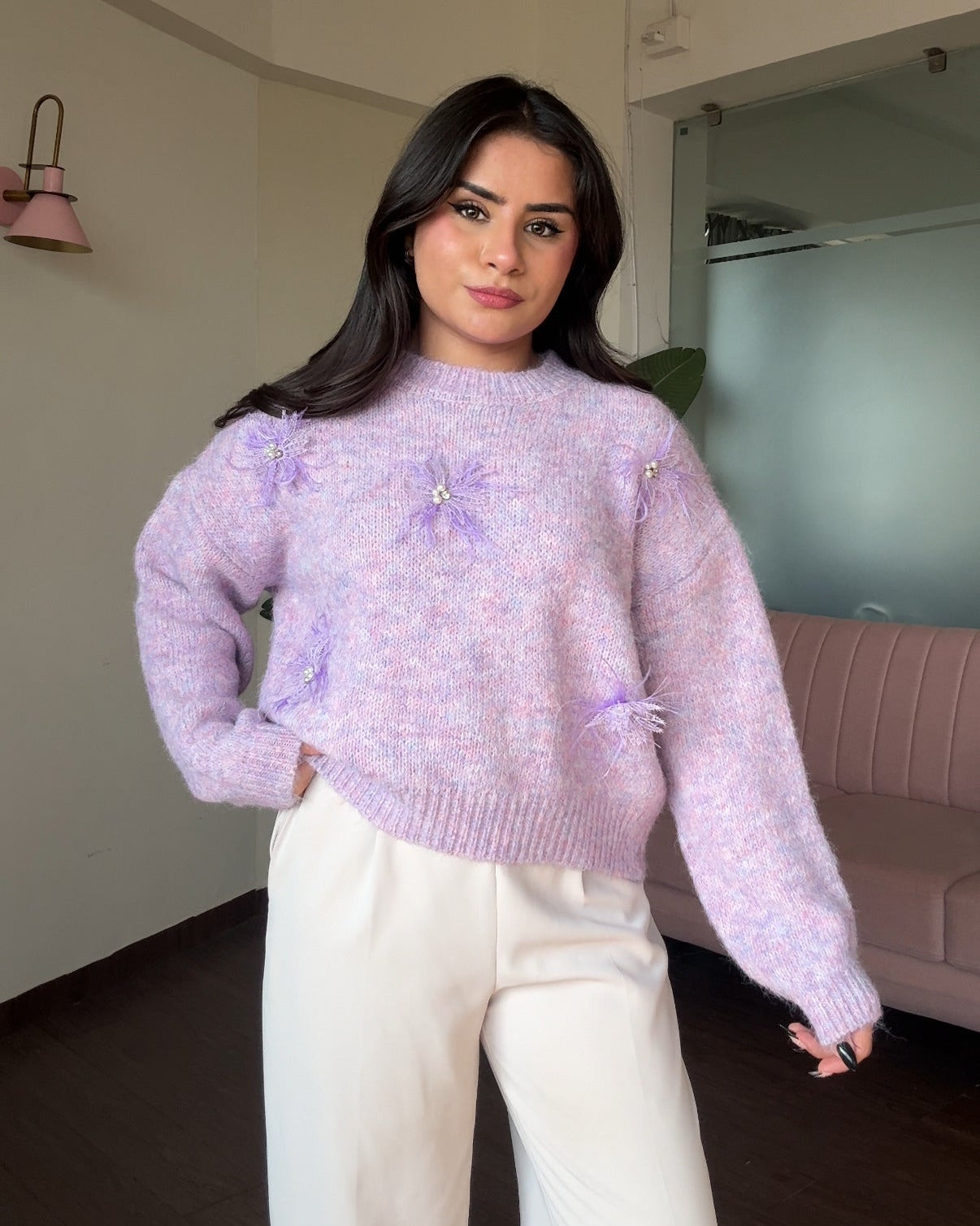 Pastel Relaxed Fit Lacy Flower Detailing Woollen Sweater