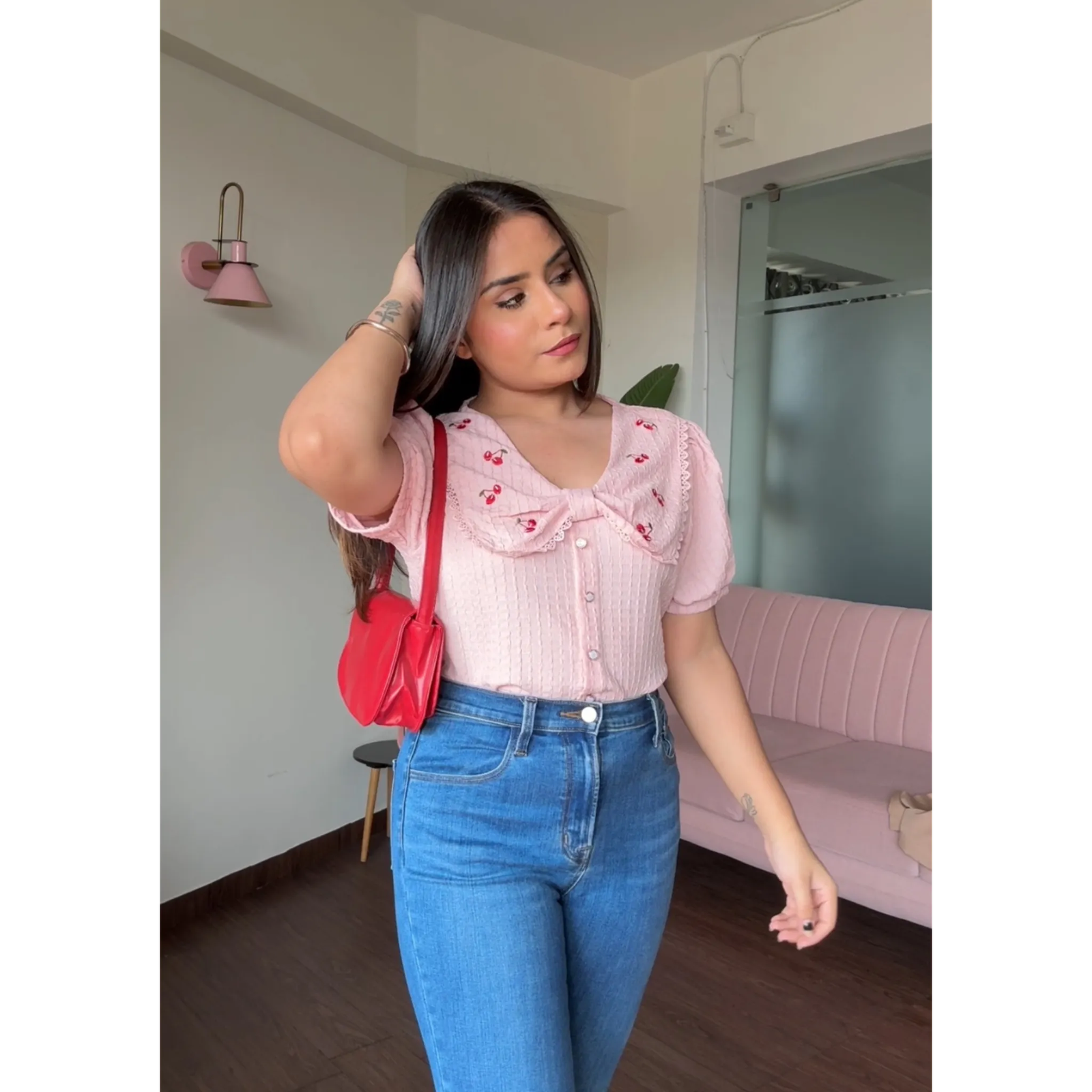 Korean Collar Cherry Detail Puff Sleeves Top