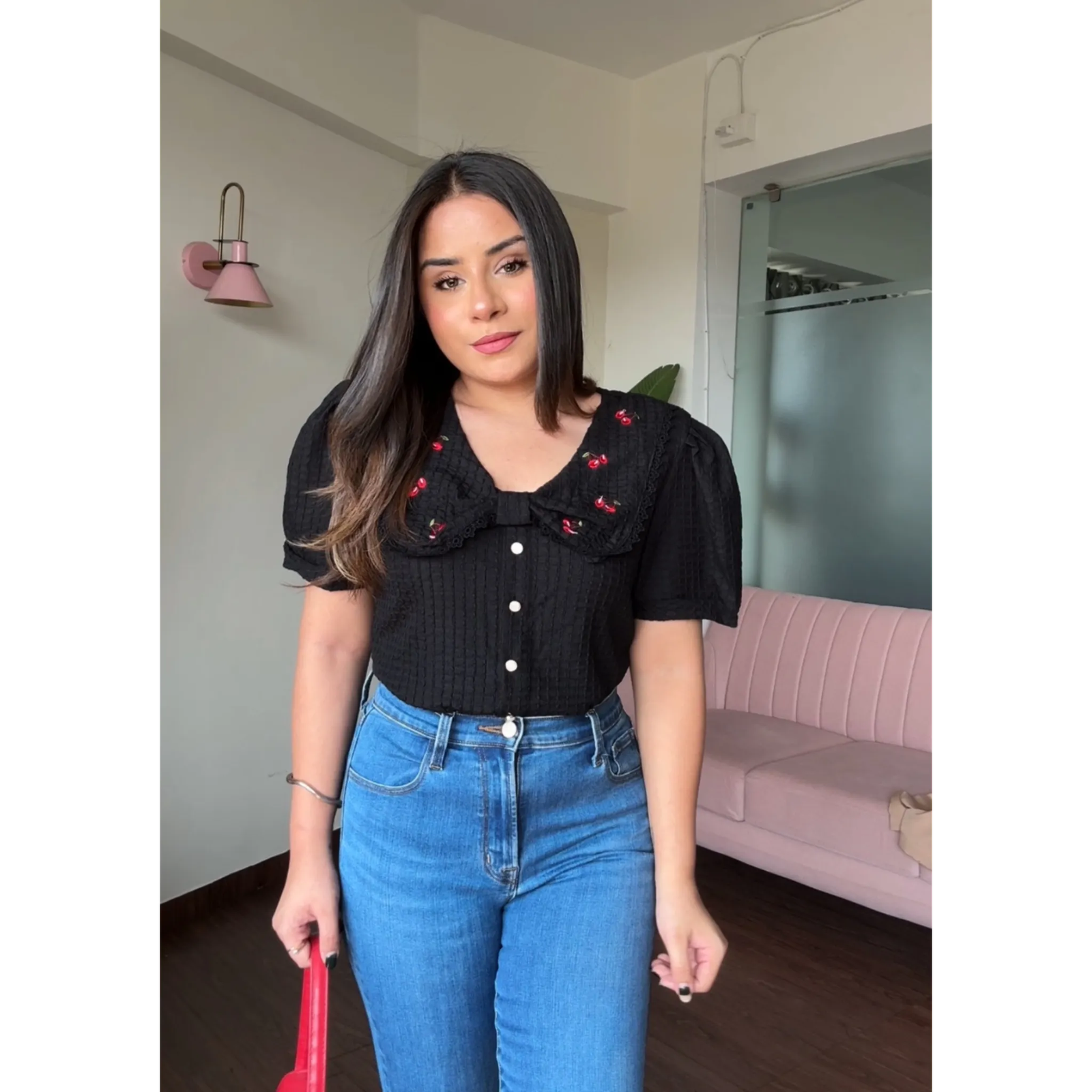 Korean Collar Cherry Detail Puff Sleeves Top