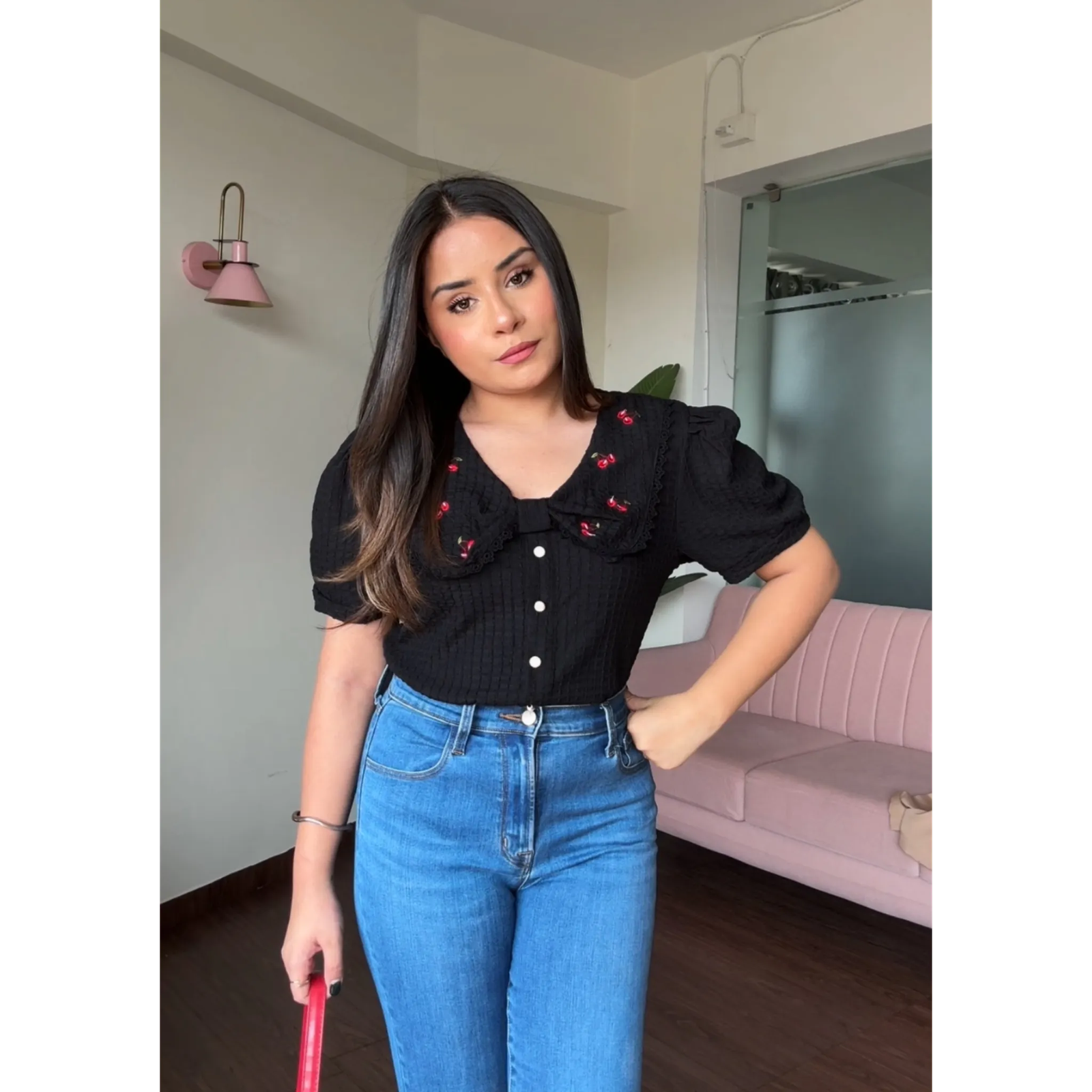 Korean Collar Cherry Detail Puff Sleeves Top