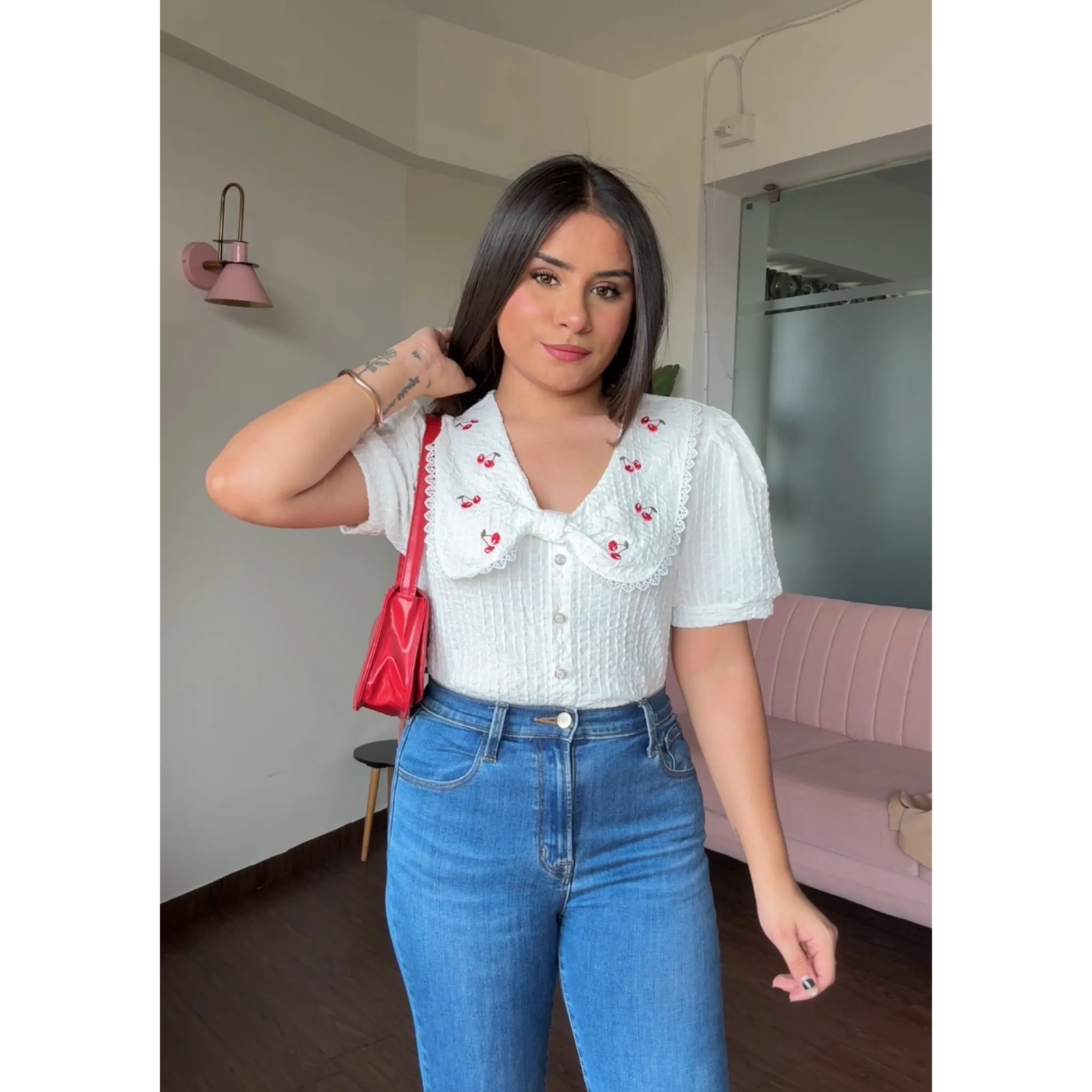 Korean Collar Cherry Detail Puff Sleeves Top