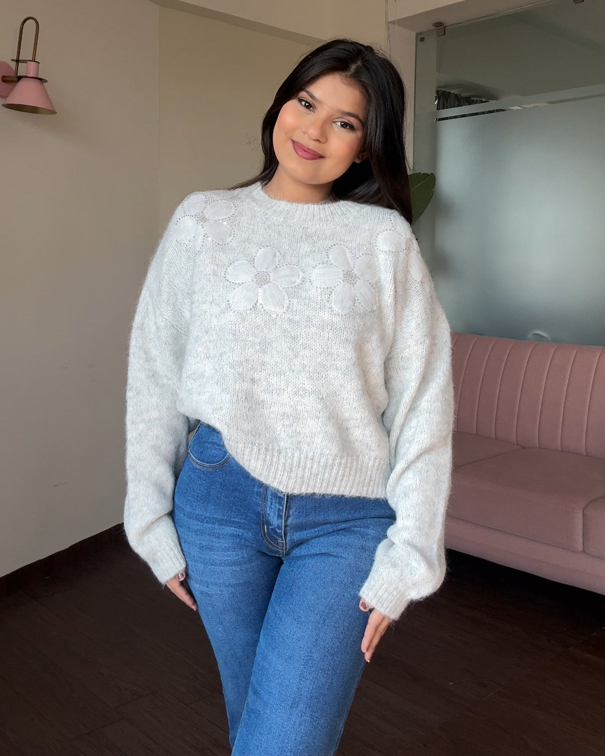 Embellished Flower Detailing Relaxed Fit Woollen Sweater