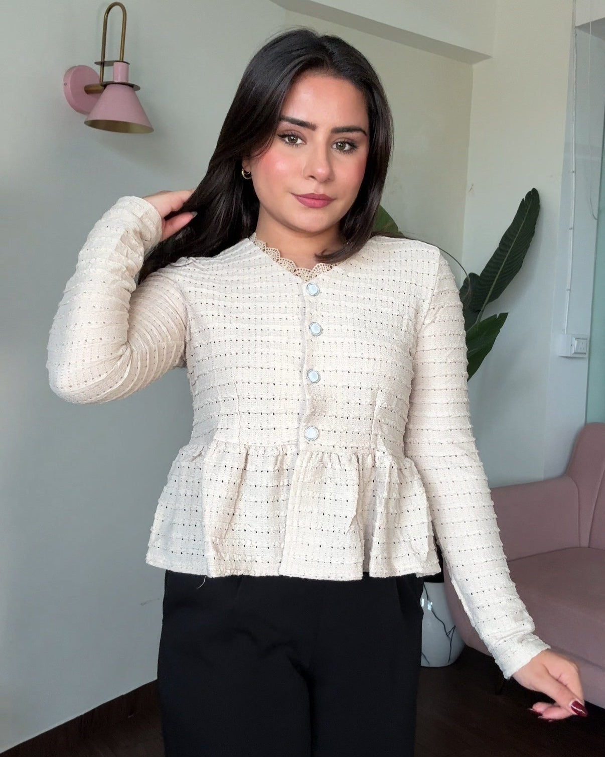 V Neck Lace Detail Peplum Retro Top