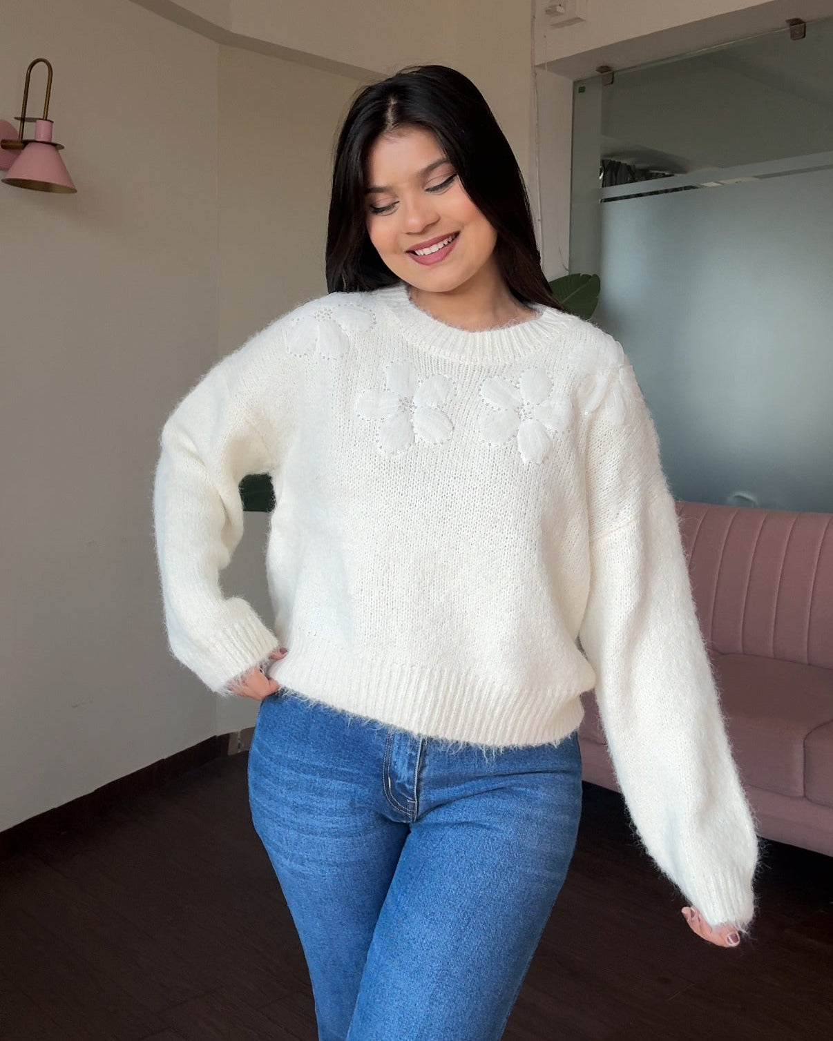 Embellished Flower Detailing Relaxed Fit Woollen Sweater