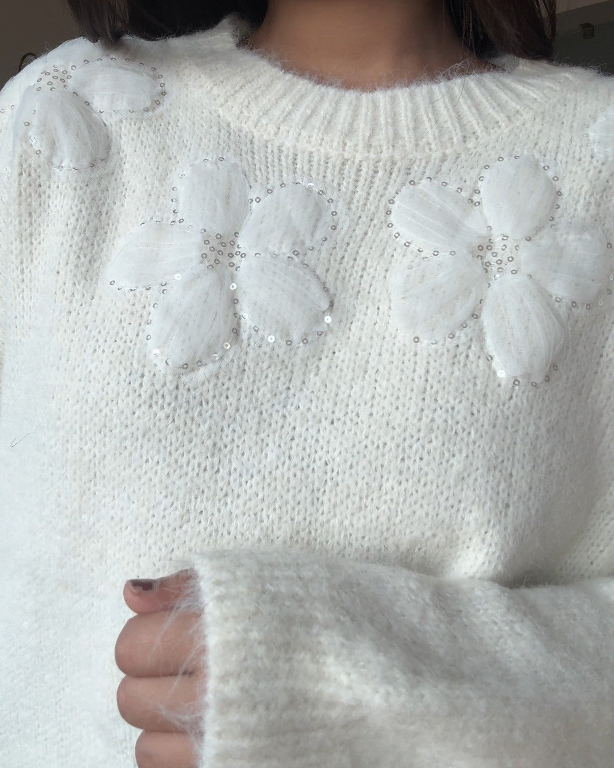 Embellished Flower Detailing Relaxed Fit Woollen Sweater