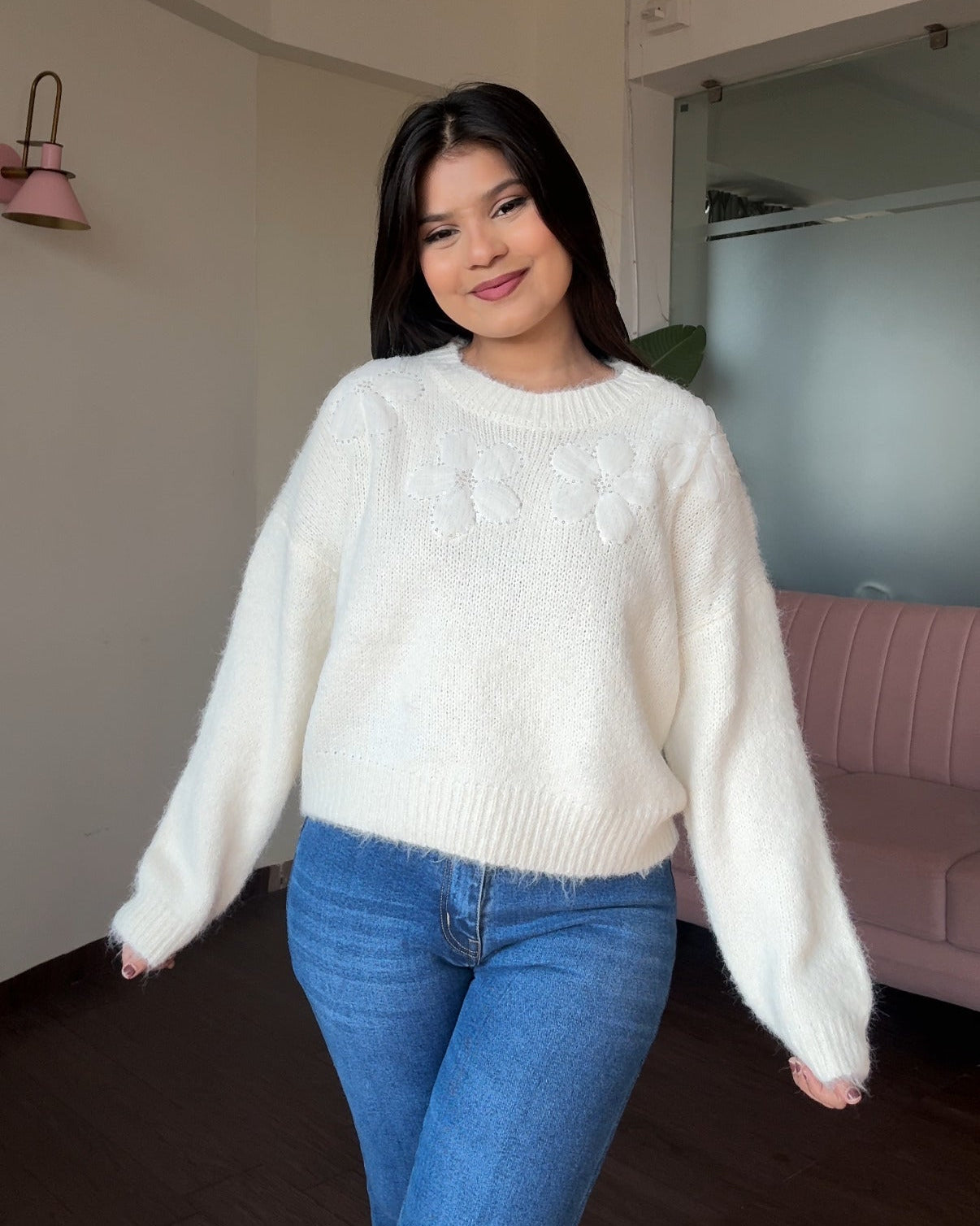 Embellished Flower Detailing Relaxed Fit Woollen Sweater