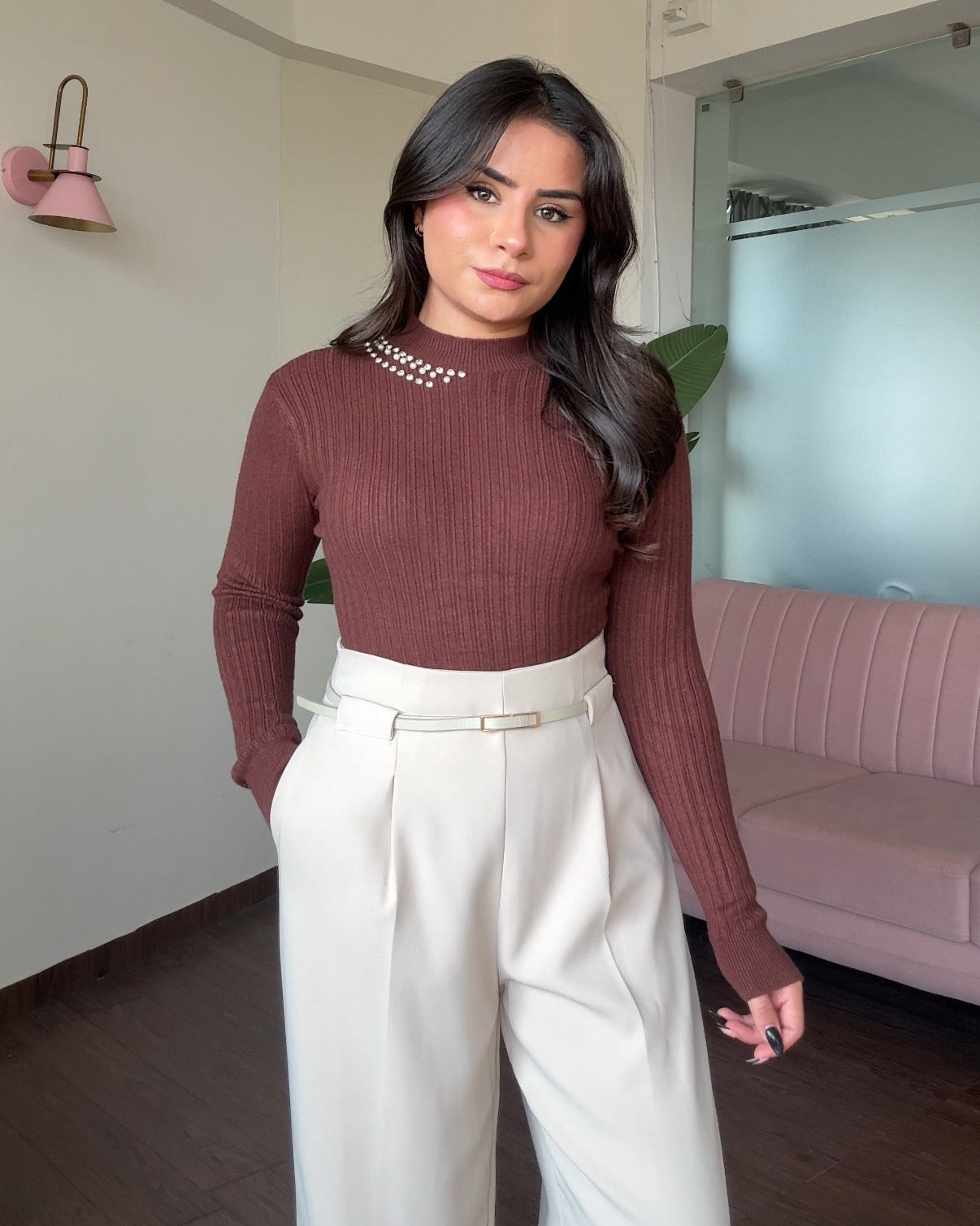 Neck Embellished Ribbed High Neck Top