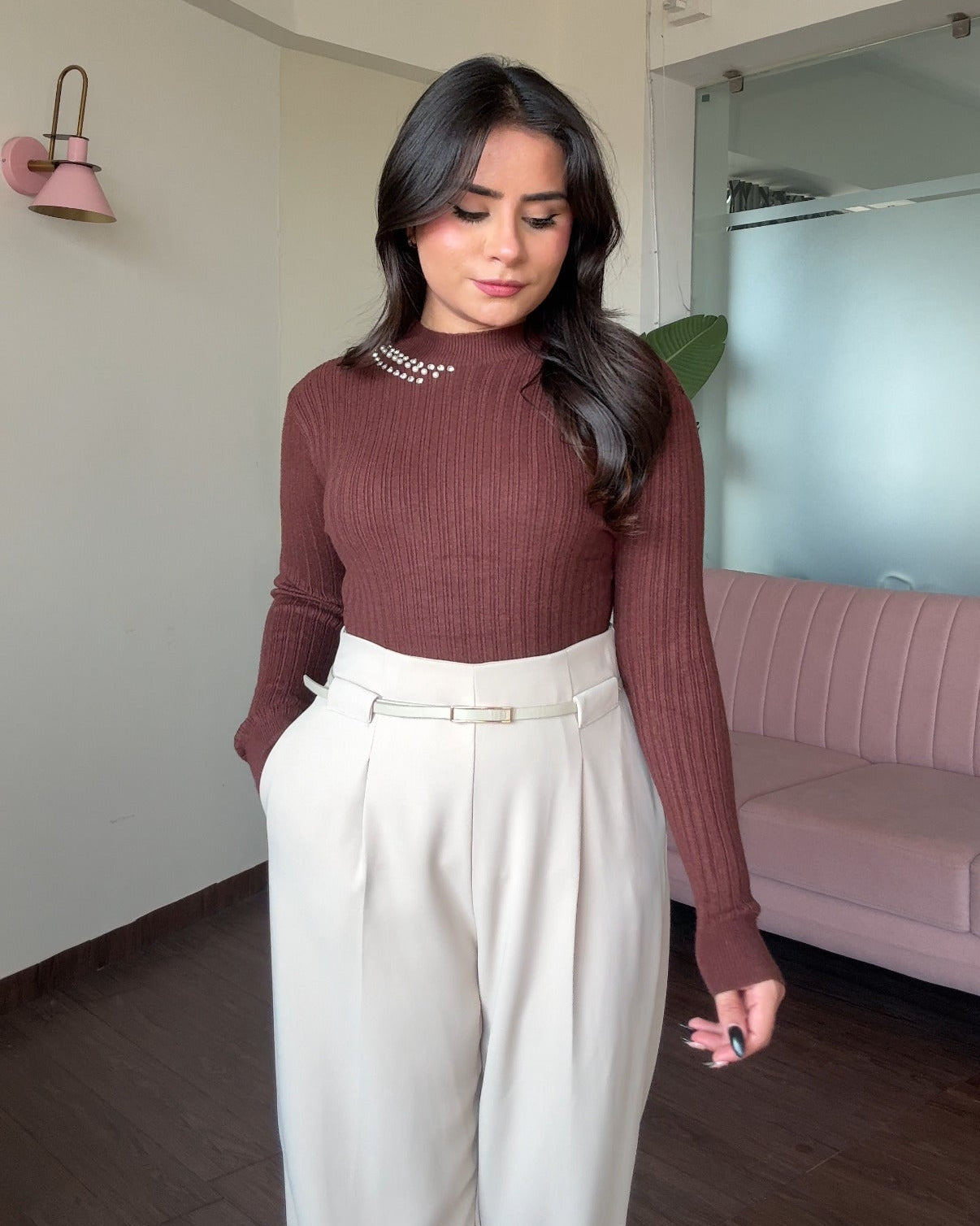 Neck Embellished Ribbed High Neck Top