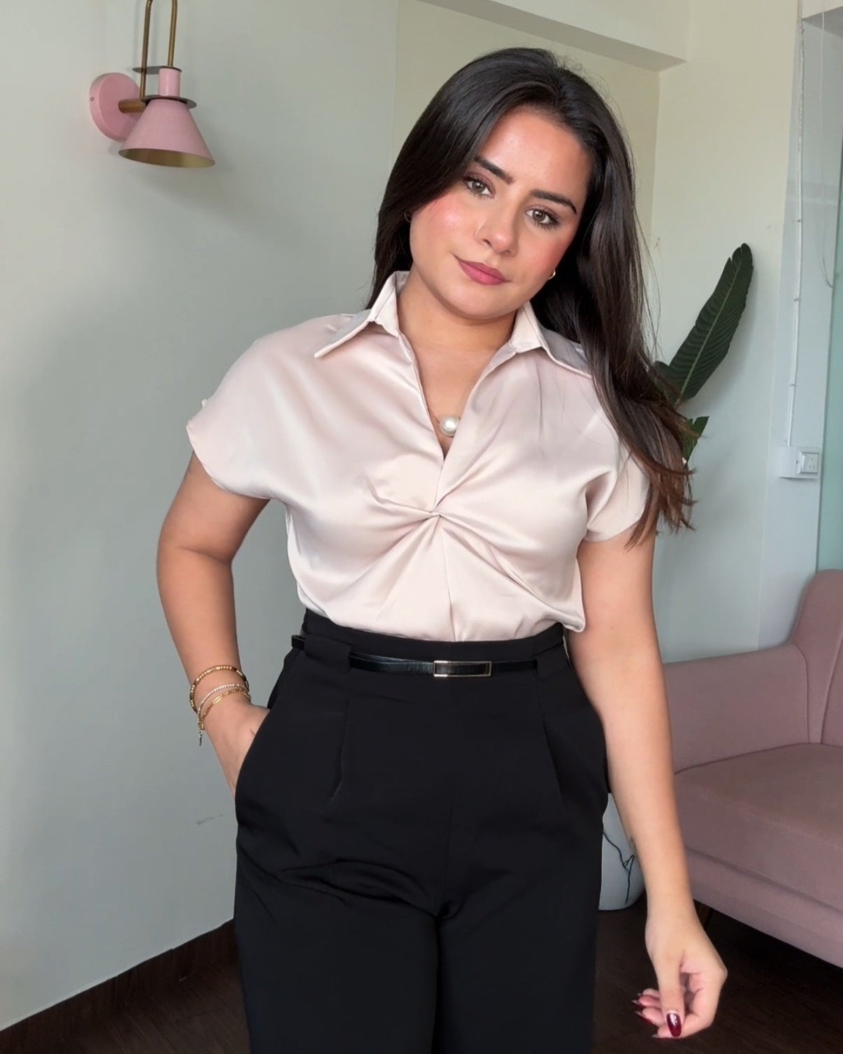 Cut Sleeves Satin Blouse With Pearl Necklace