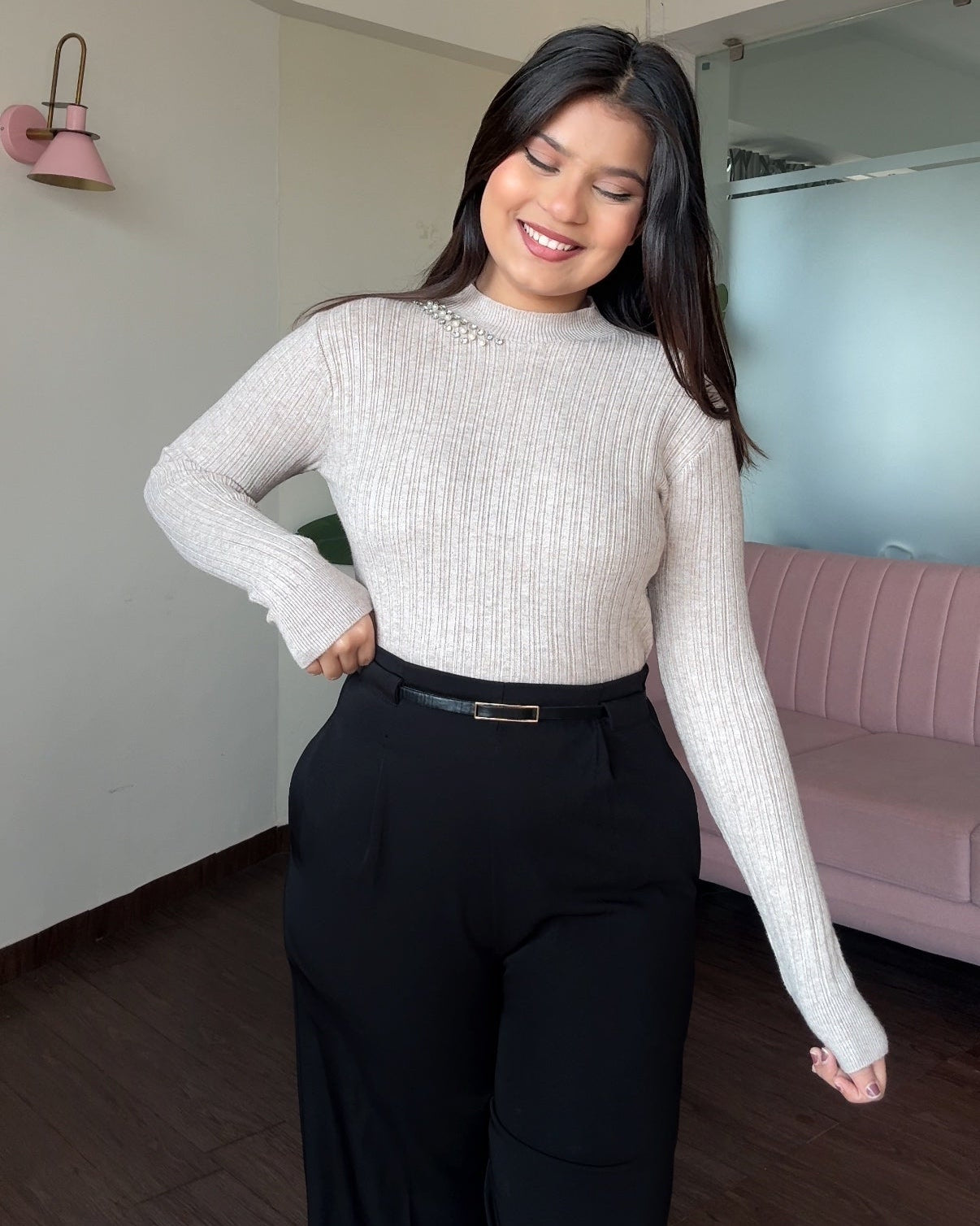 Neck Embellished Ribbed High Neck Top