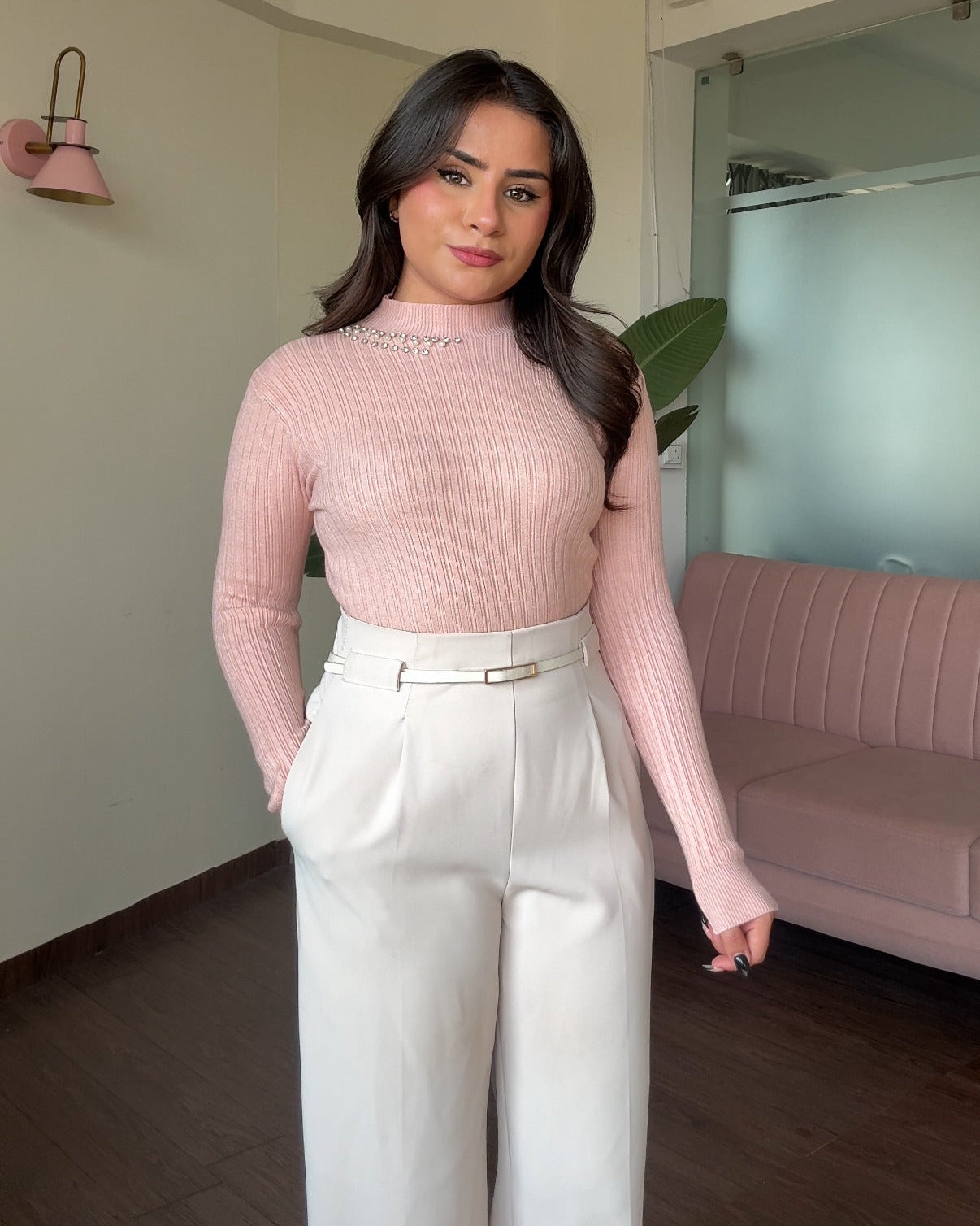 Neck Embellished Ribbed High Neck Top