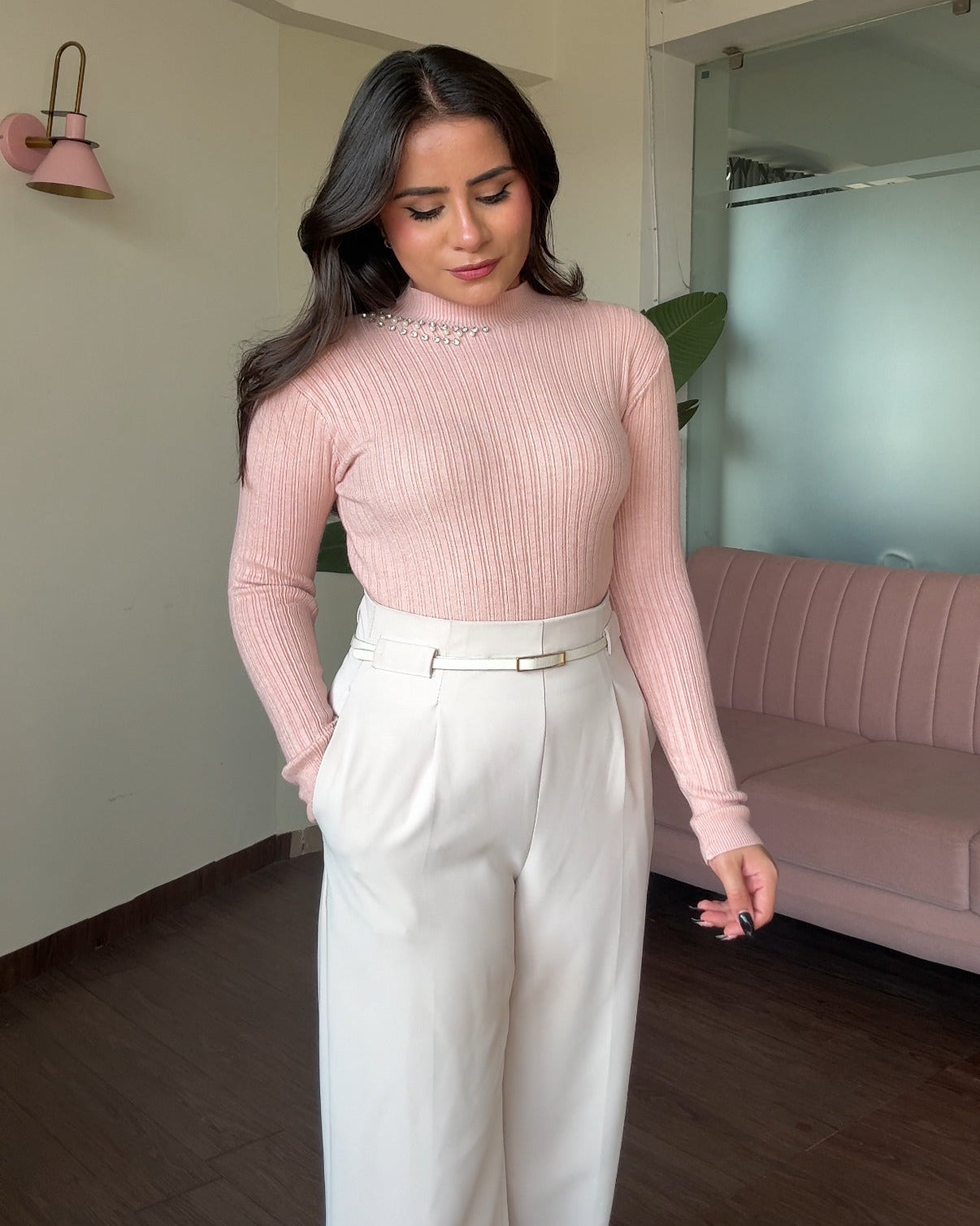 Neck Embellished Ribbed High Neck Top