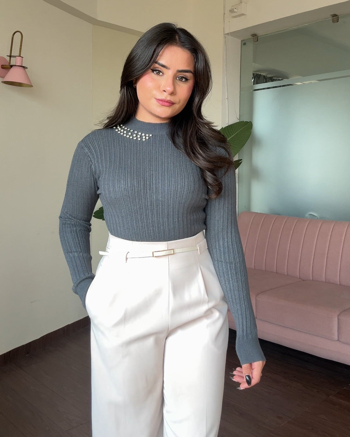 Neck Embellished Ribbed High Neck Top