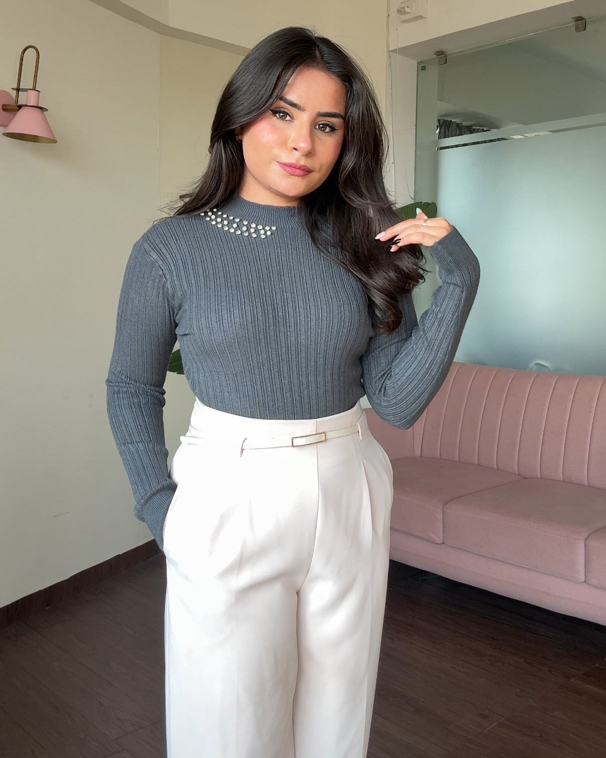 Neck Embellished Ribbed High Neck Top