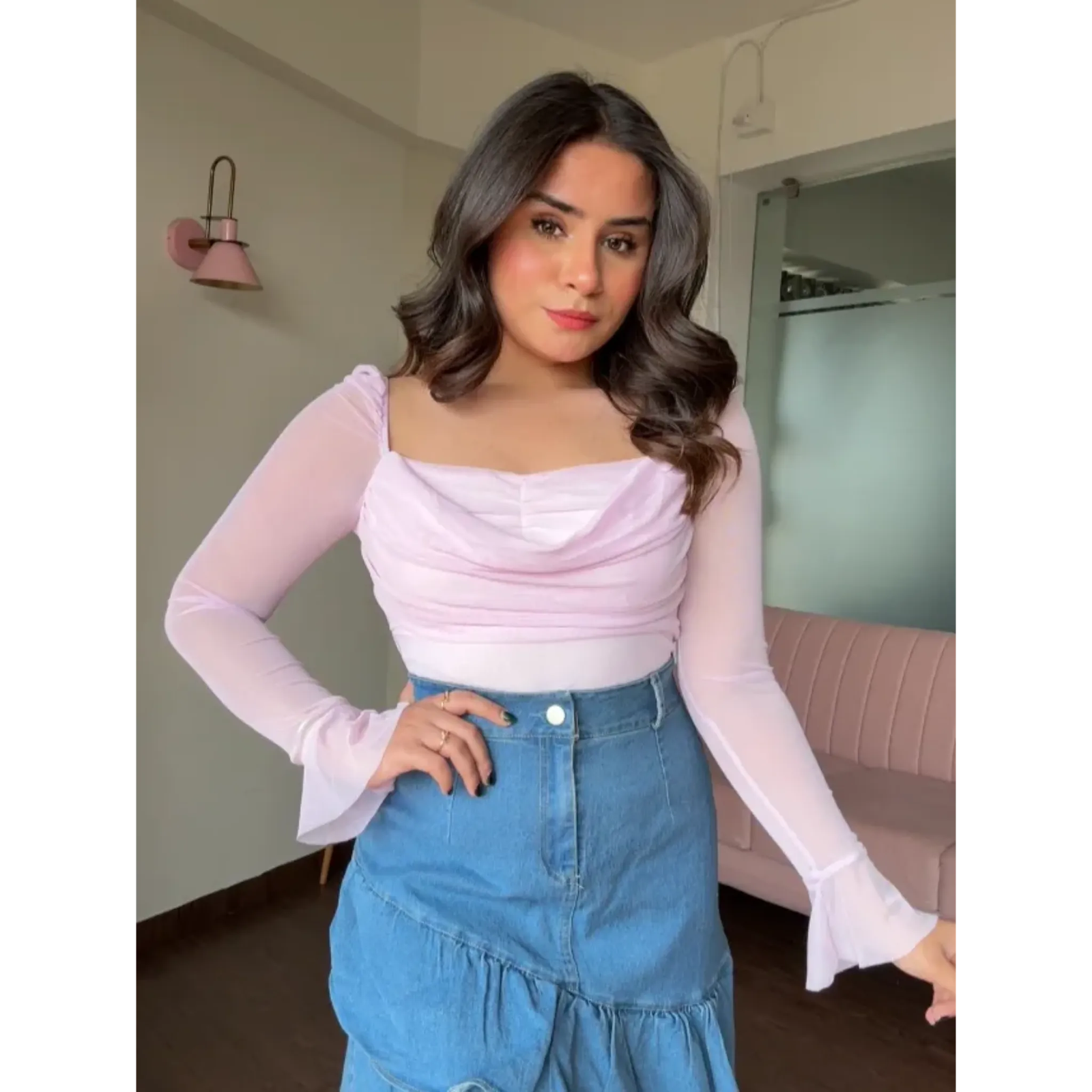 Cowl Neck Mesh Padded Bell Sleeves Top