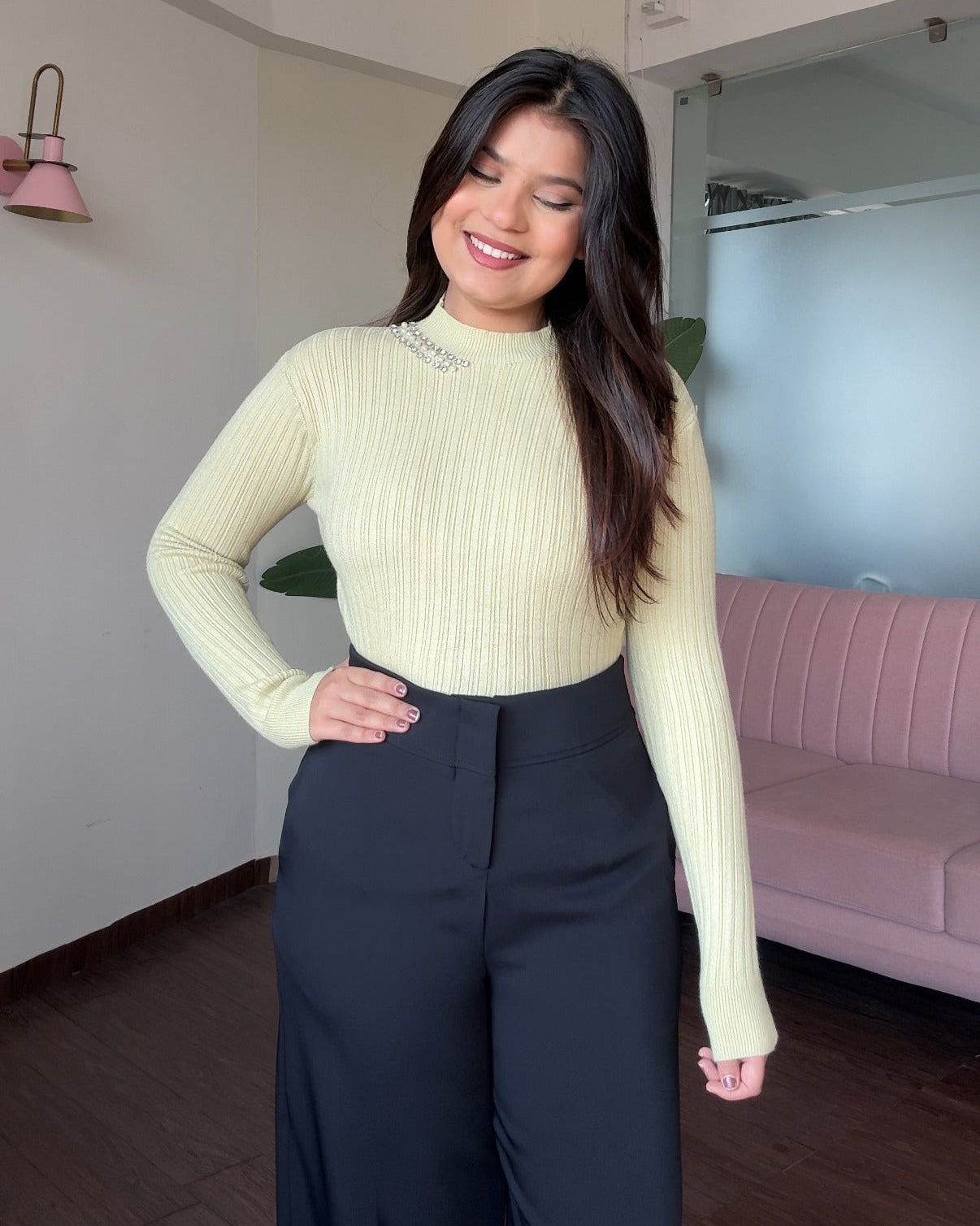 Neck Embellished Ribbed High Neck Top