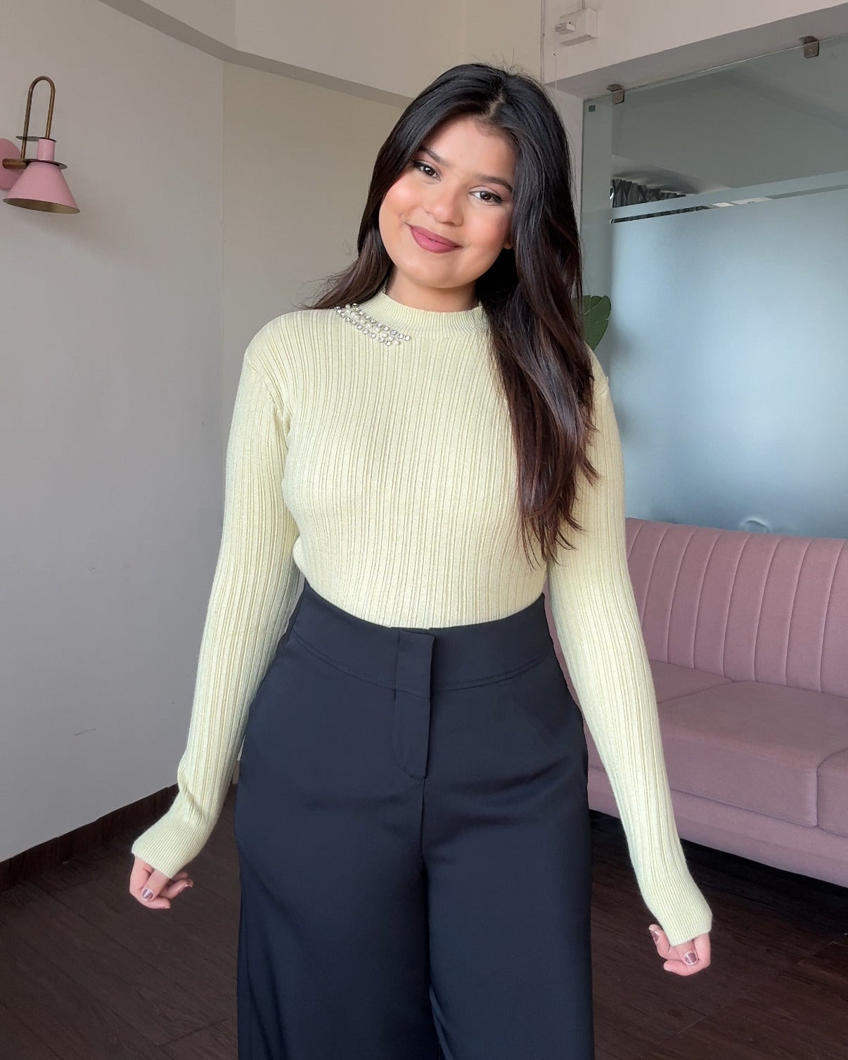 Neck Embellished Ribbed High Neck Top