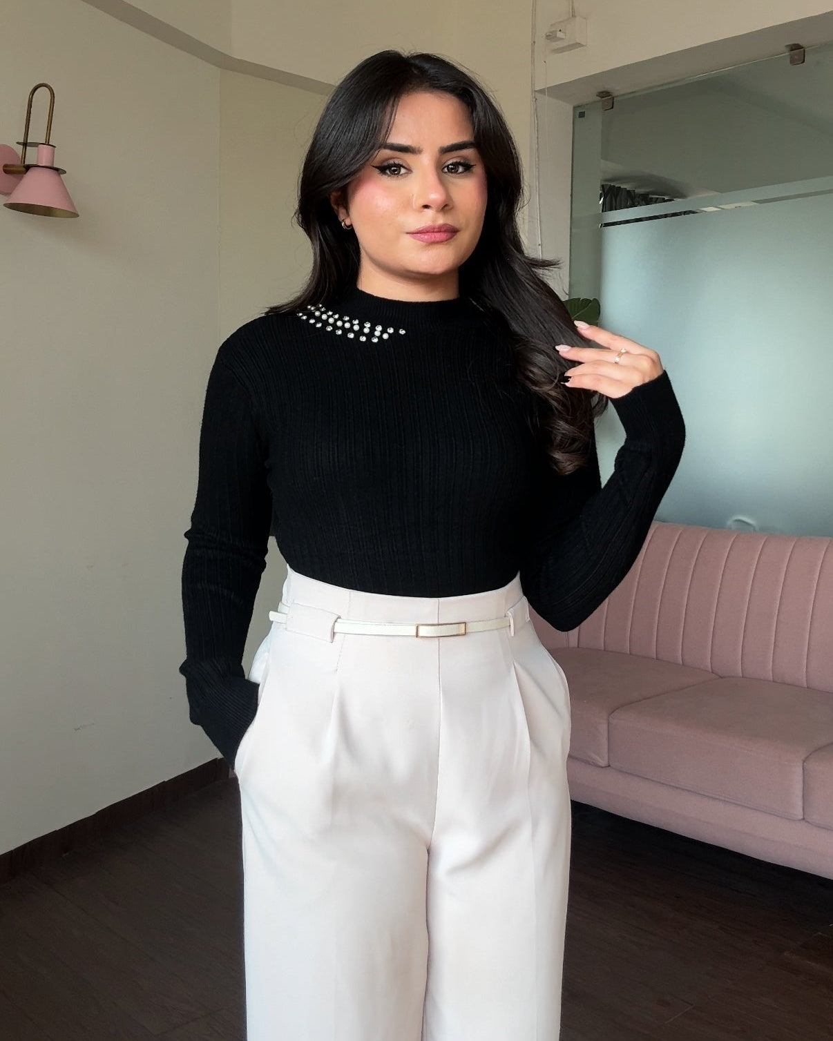 Neck Embellished Ribbed High Neck Top