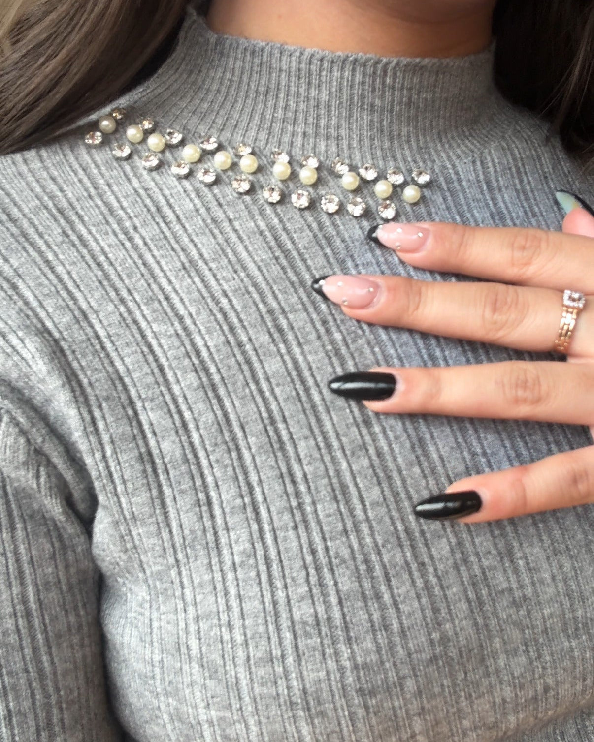 Neck Embellished Ribbed High Neck Top