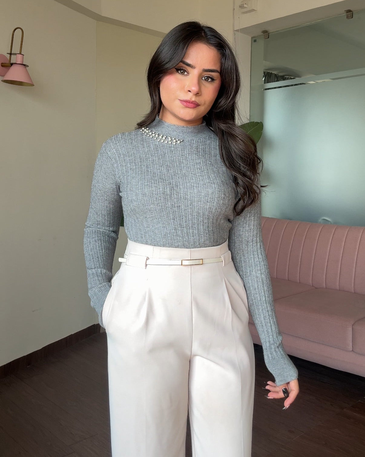 Neck Embellished Ribbed High Neck Top