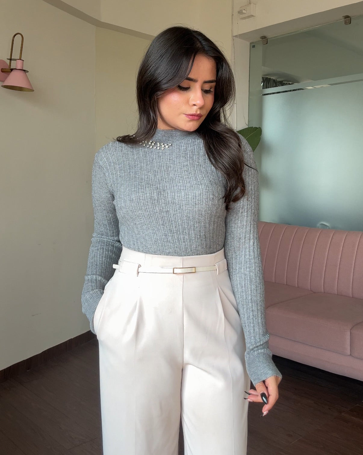 Neck Embellished Ribbed High Neck Top