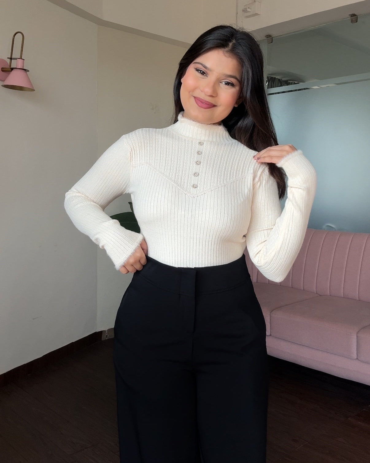 High Neck Button Detailing Fitted Winter Top