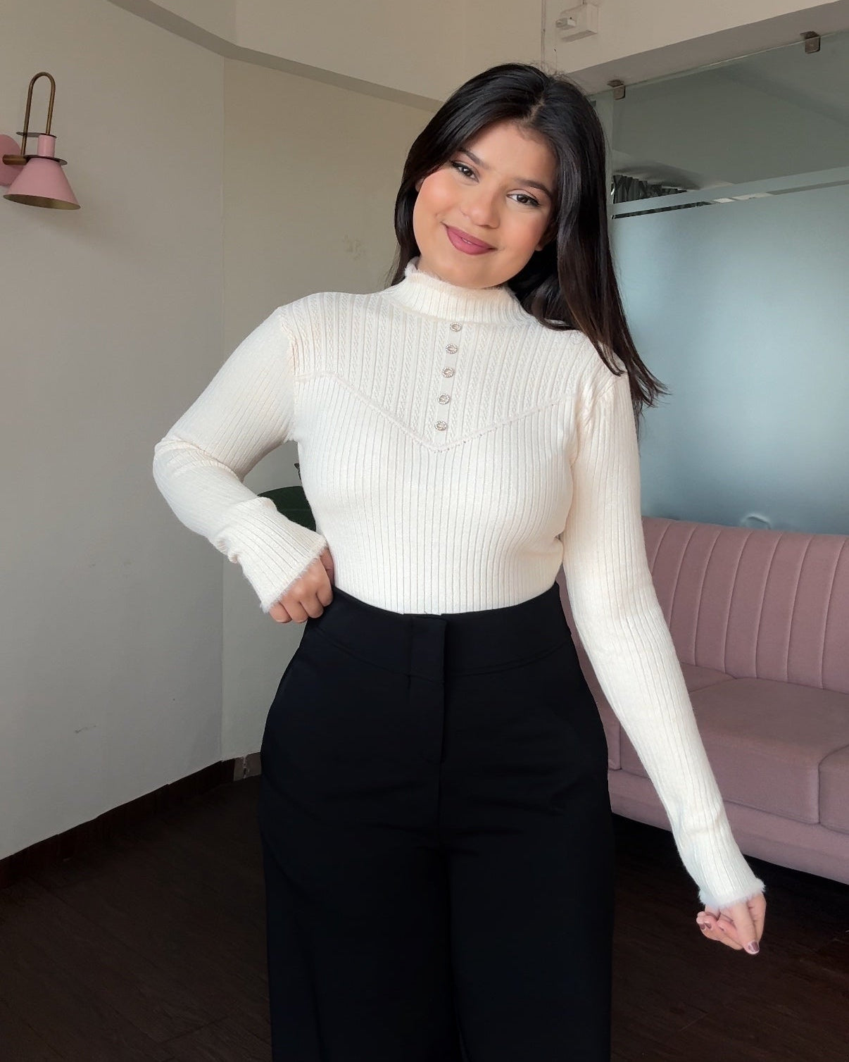 High Neck Button Detailing Fitted Winter Top