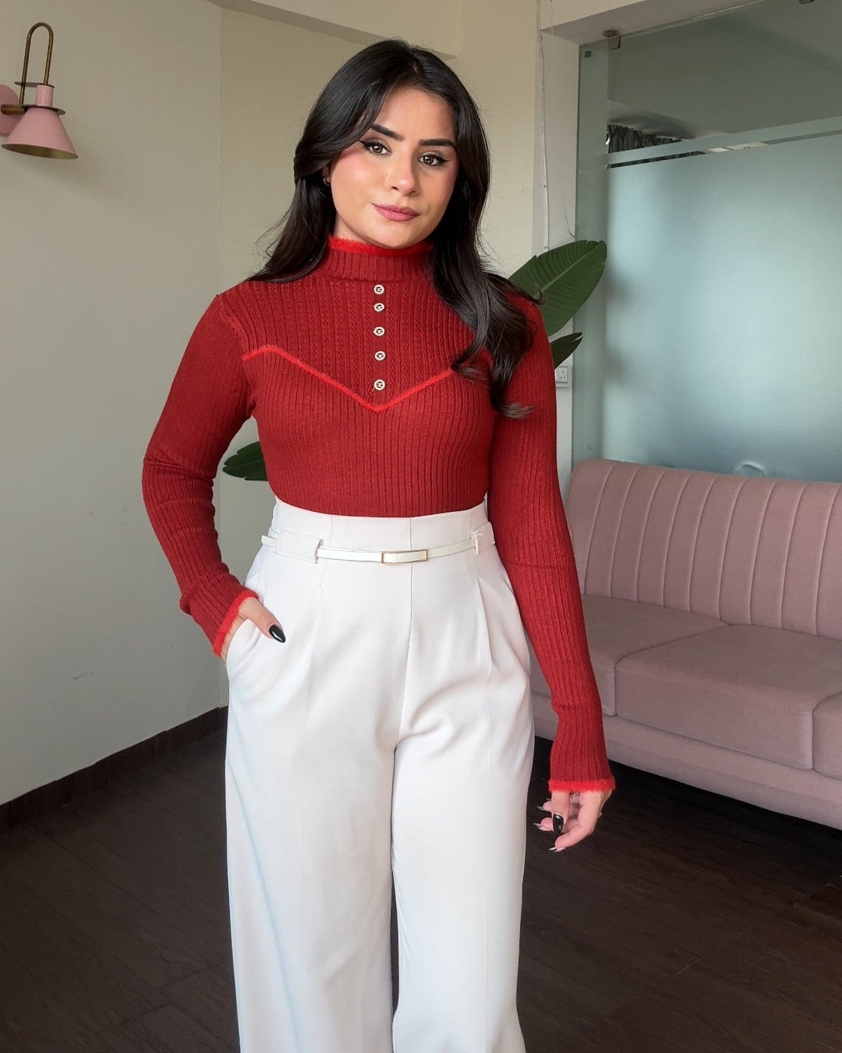 High Neck Button Detailing Fitted Winter Top