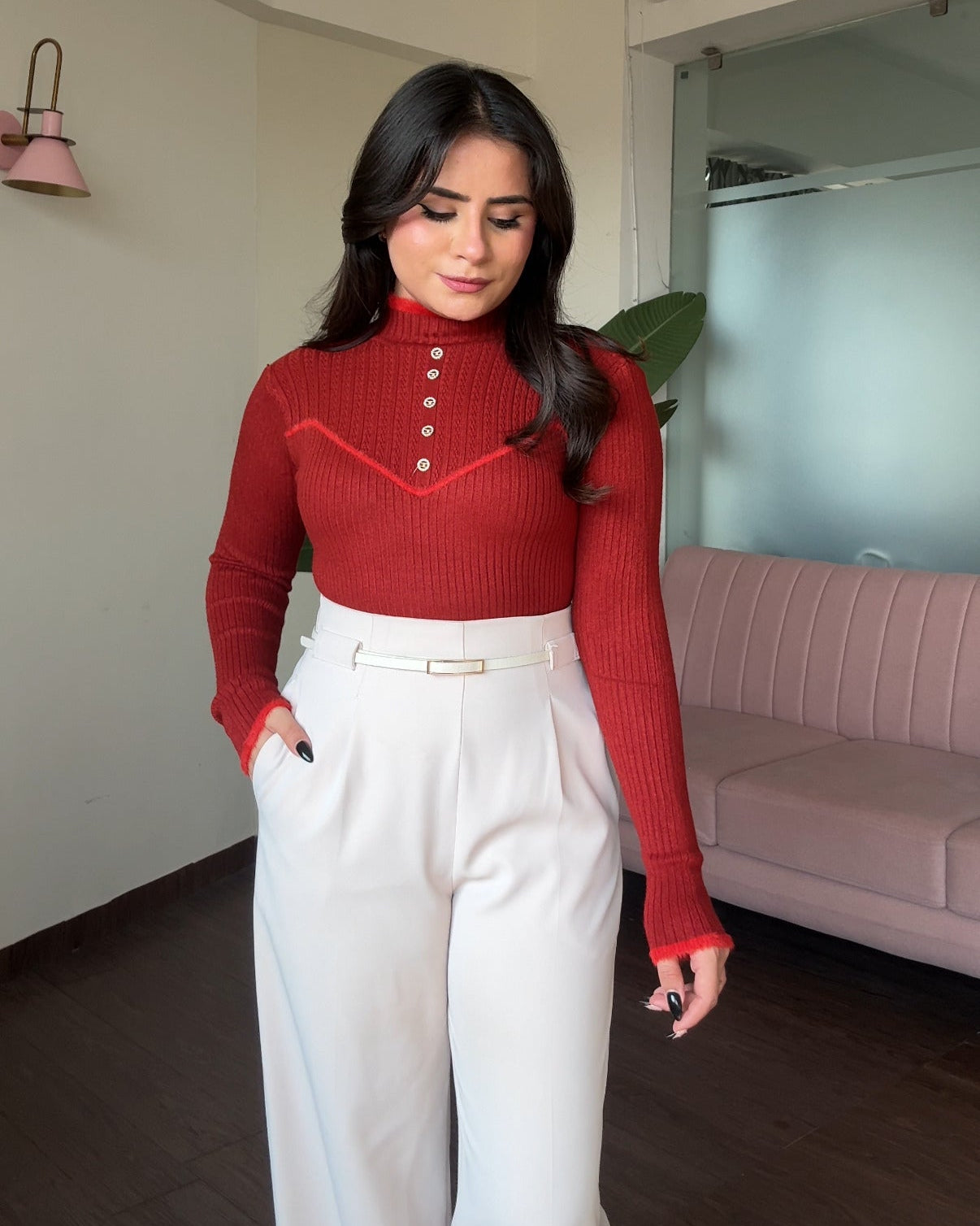 High Neck Button Detailing Fitted Winter Top