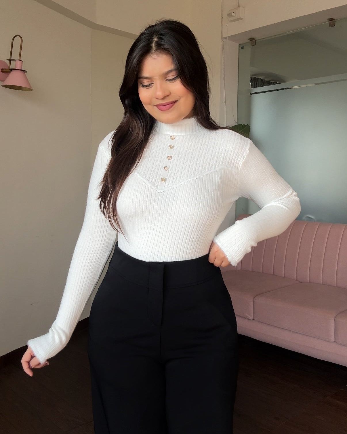 High Neck Button Detailing Fitted Winter Top