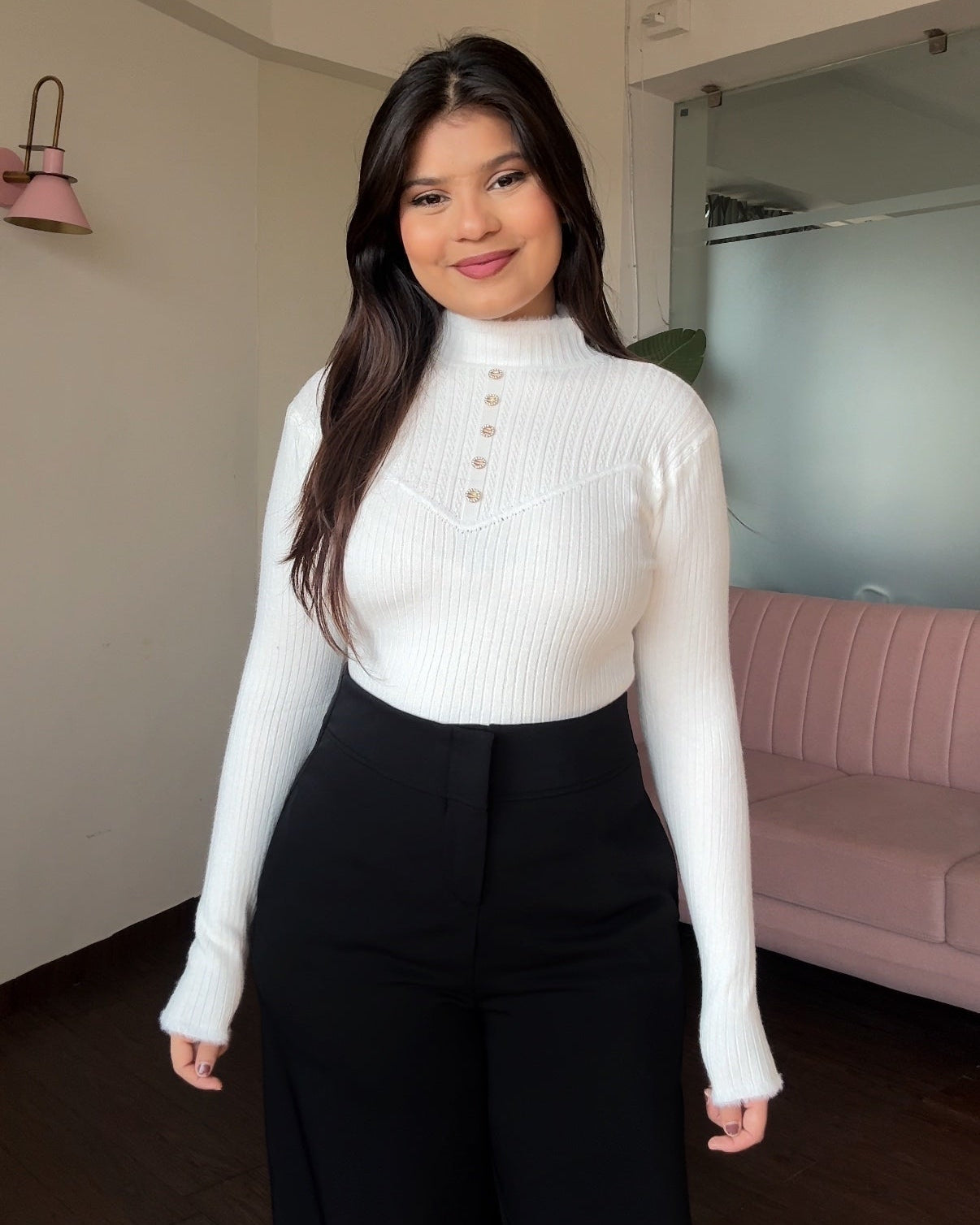 High Neck Button Detailing Fitted Winter Top