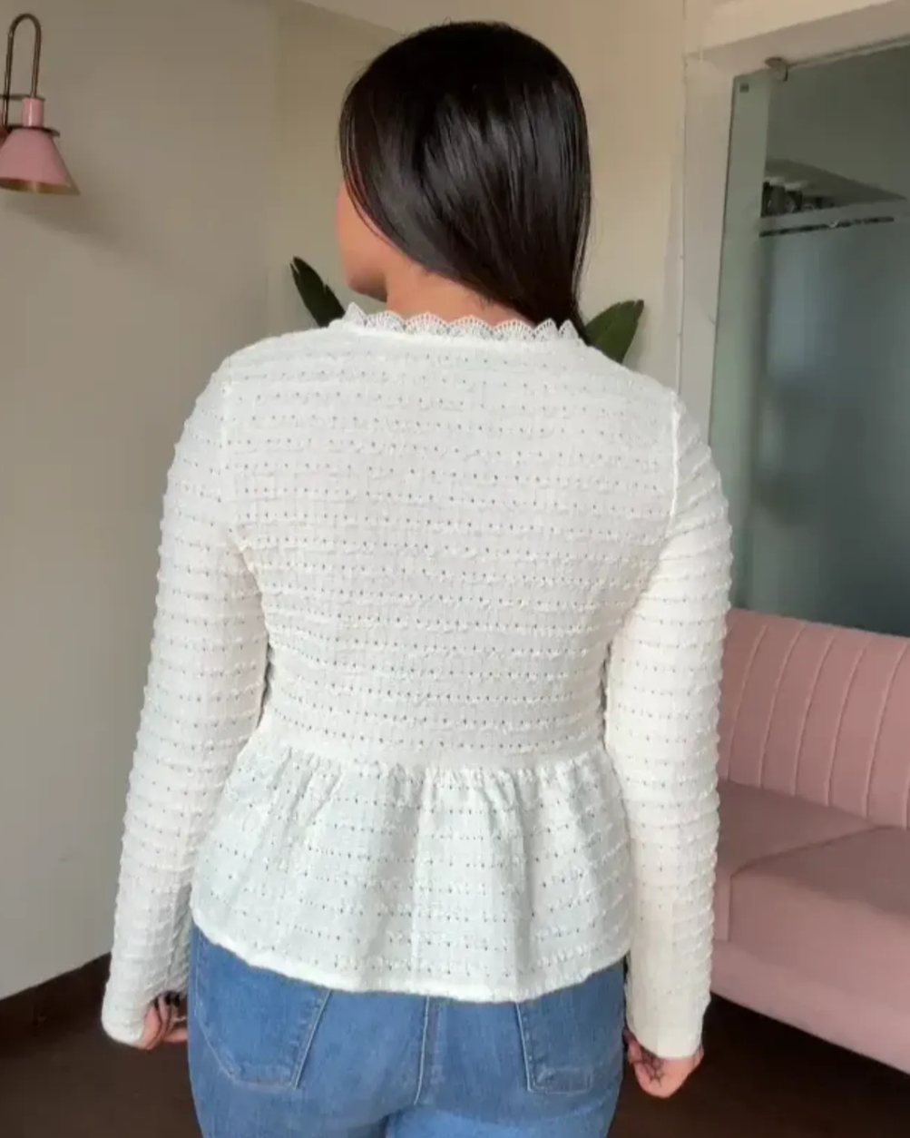 V Neck Lace Detail Peplum Retro Top