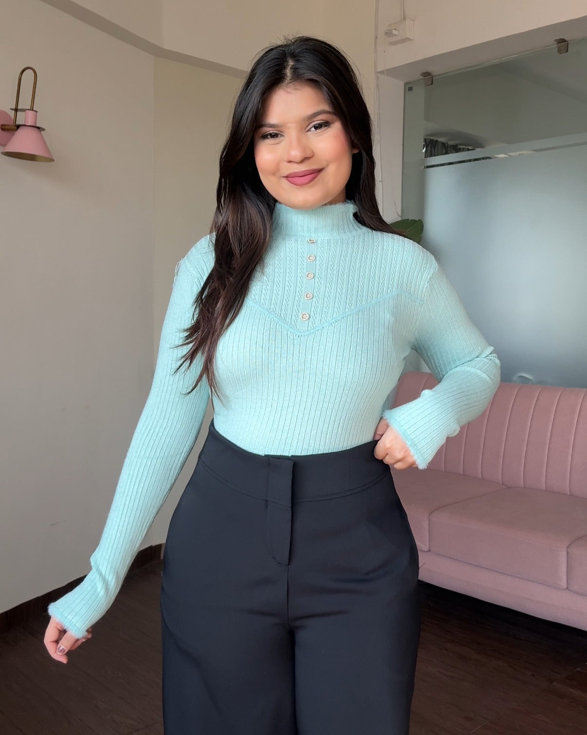 High Neck Button Detailing Fitted Winter Top