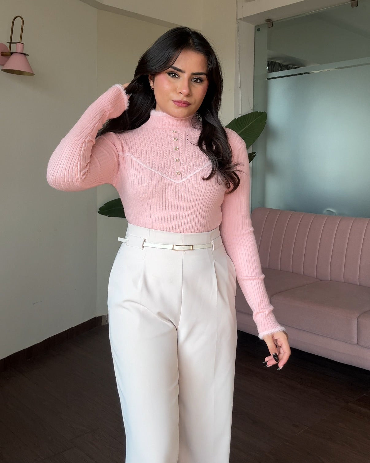 High Neck Button Detailing Fitted Winter Top