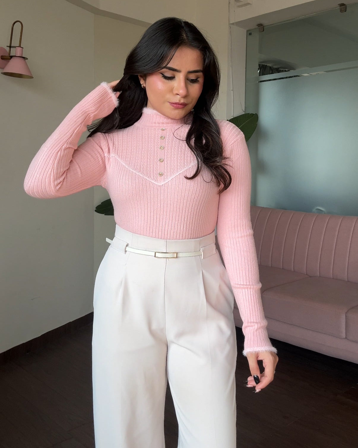 High Neck Button Detailing Fitted Winter Top