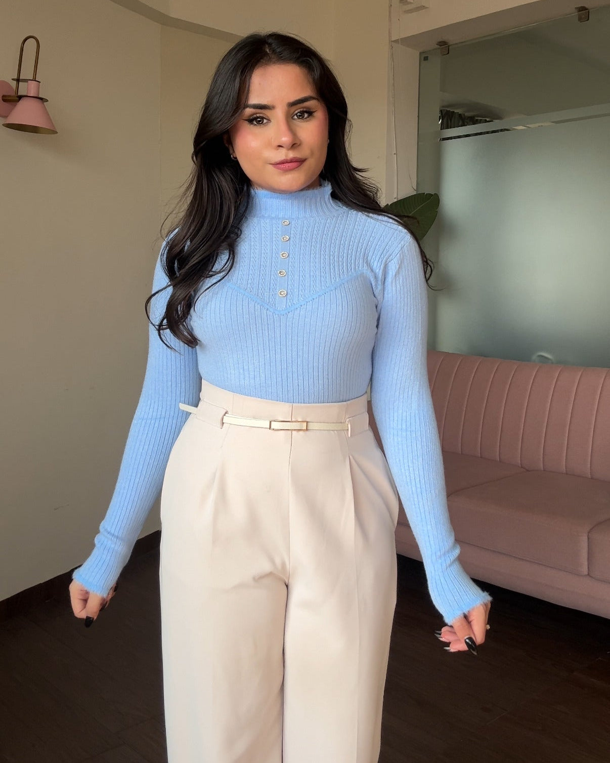 High Neck Button Detailing Fitted Winter Top