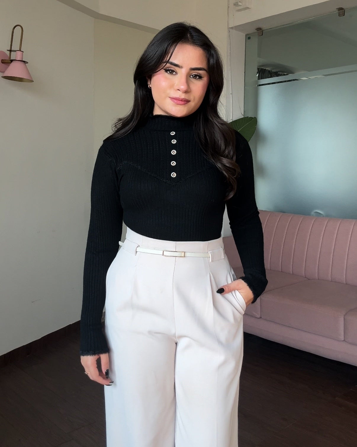 High Neck Button Detailing Fitted Winter Top