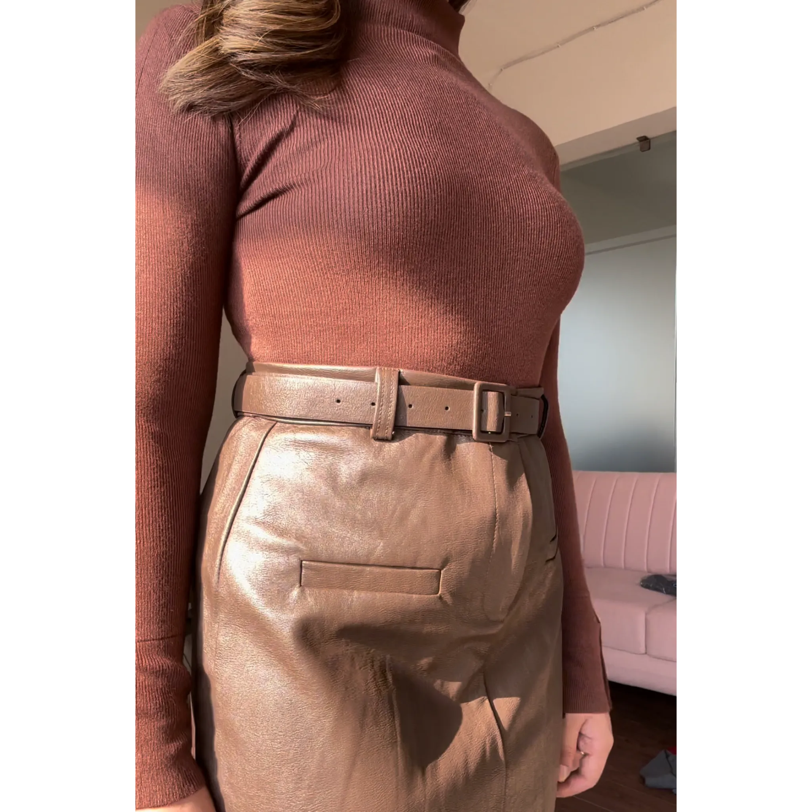 Leather Midi Skirt With Belt