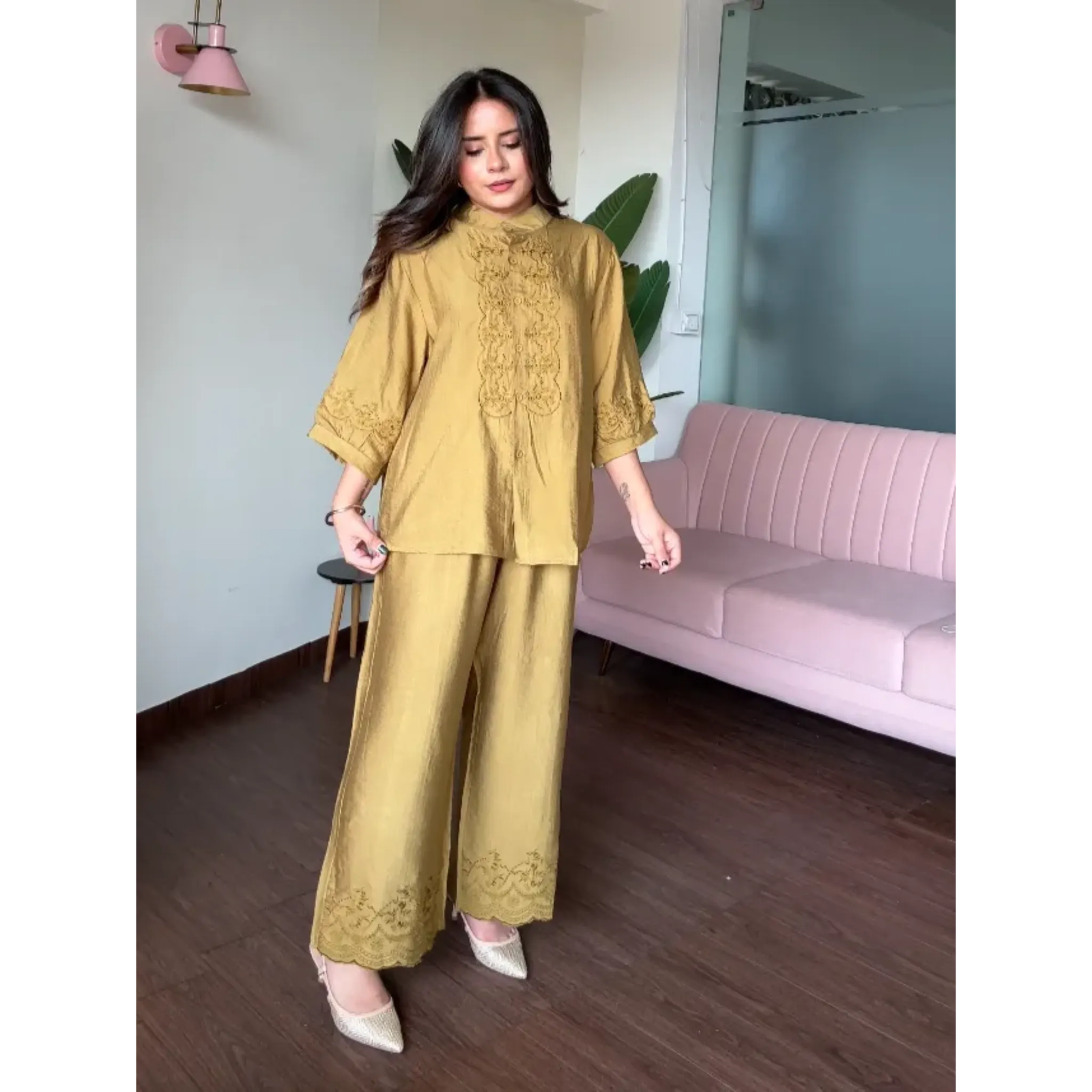 Embroidery Cotton Monochrome Wide Leg Co-ord Set