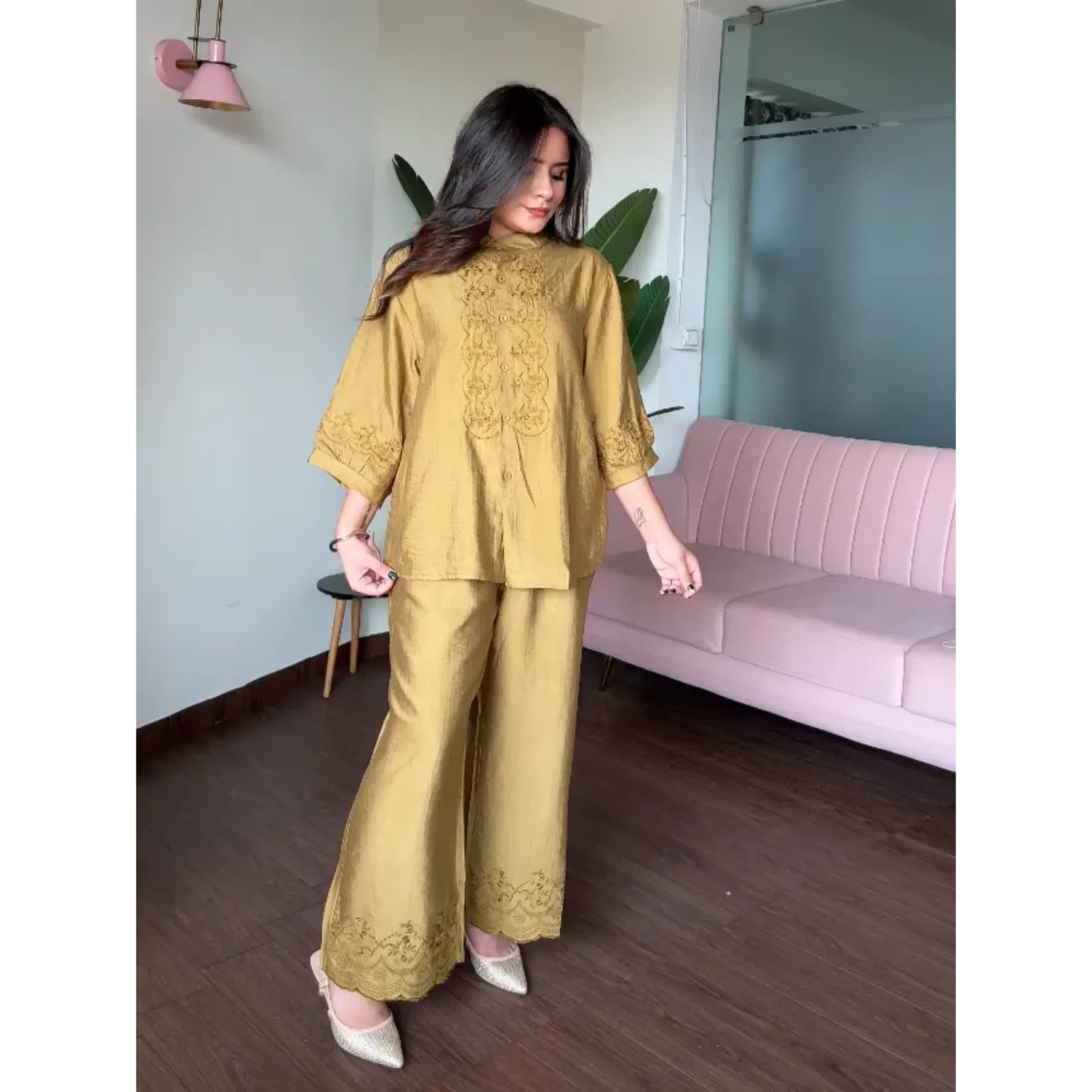 Embroidery Cotton Monochrome Wide Leg Co-ord Set