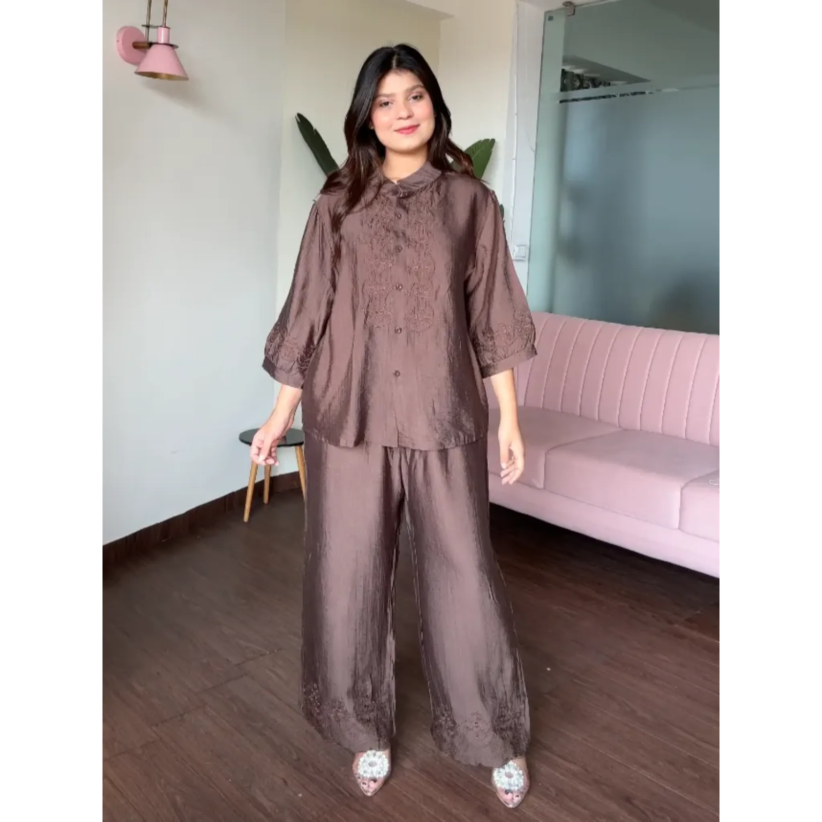 Embroidery Cotton Monochrome Wide Leg Co-ord Set