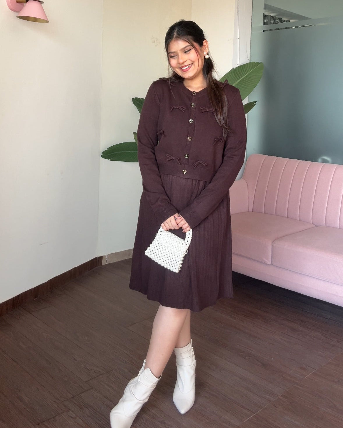 Bow Cardigan Detailing Winter Midi Dress