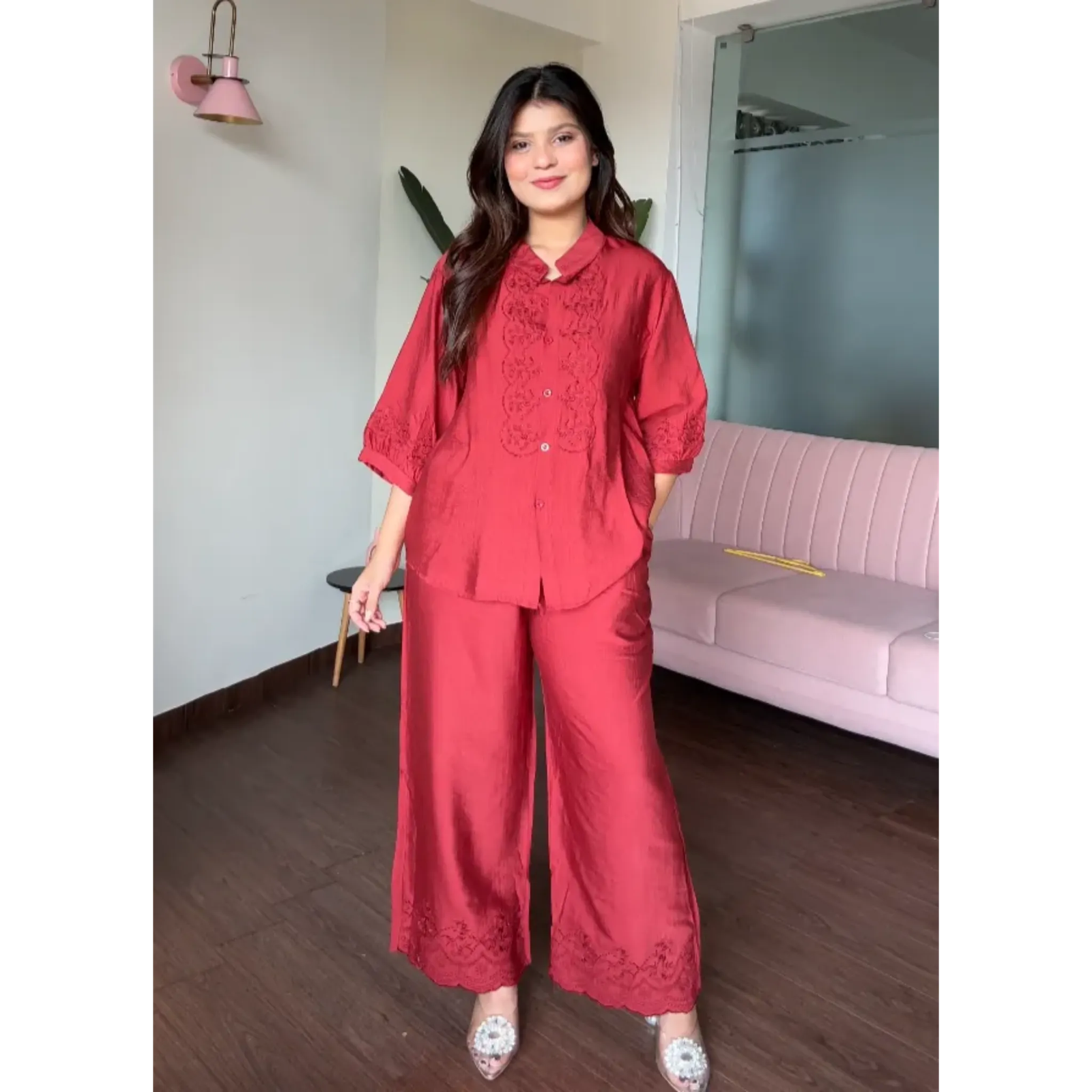 Embroidery Cotton Monochrome Wide Leg Co-ord Set