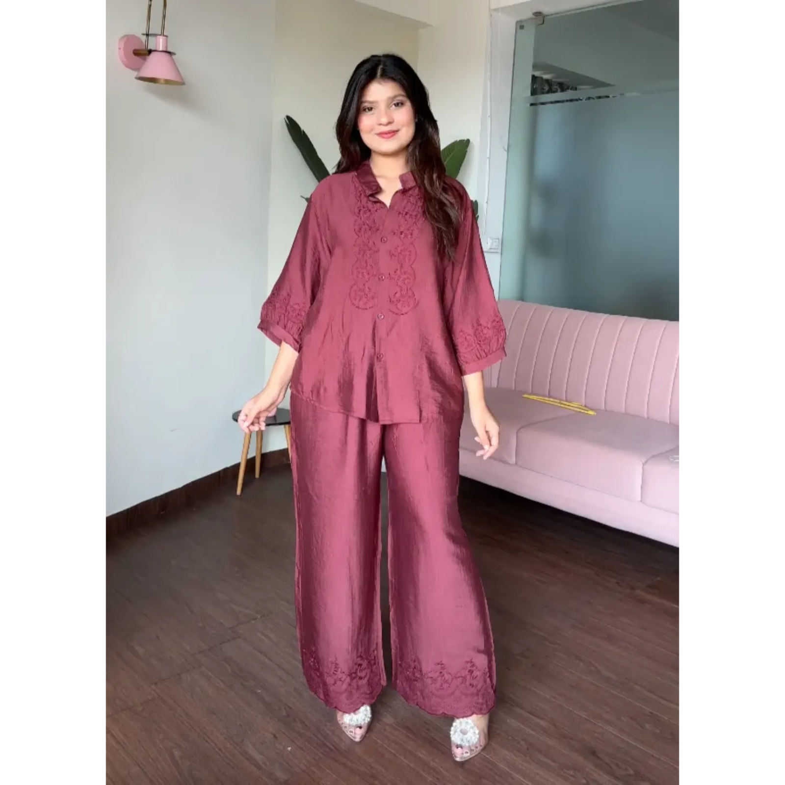 Embroidery Cotton Monochrome Wide Leg Co-ord Set