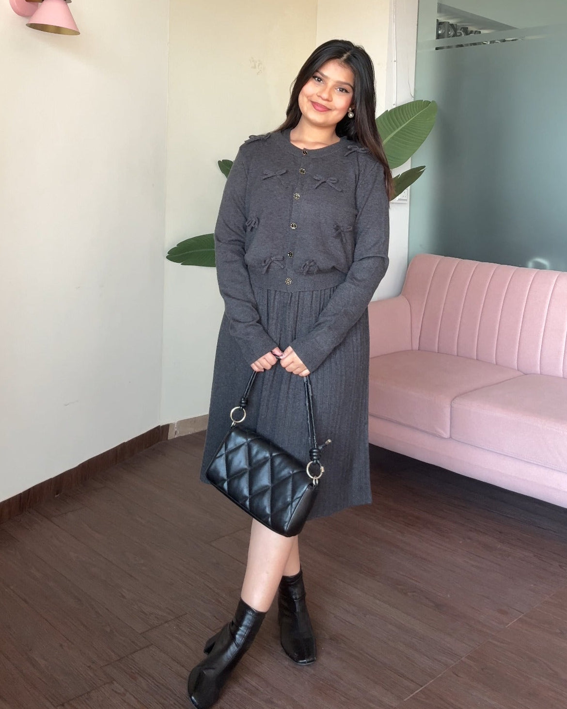 Bow Cardigan Detailing Winter Midi Dress