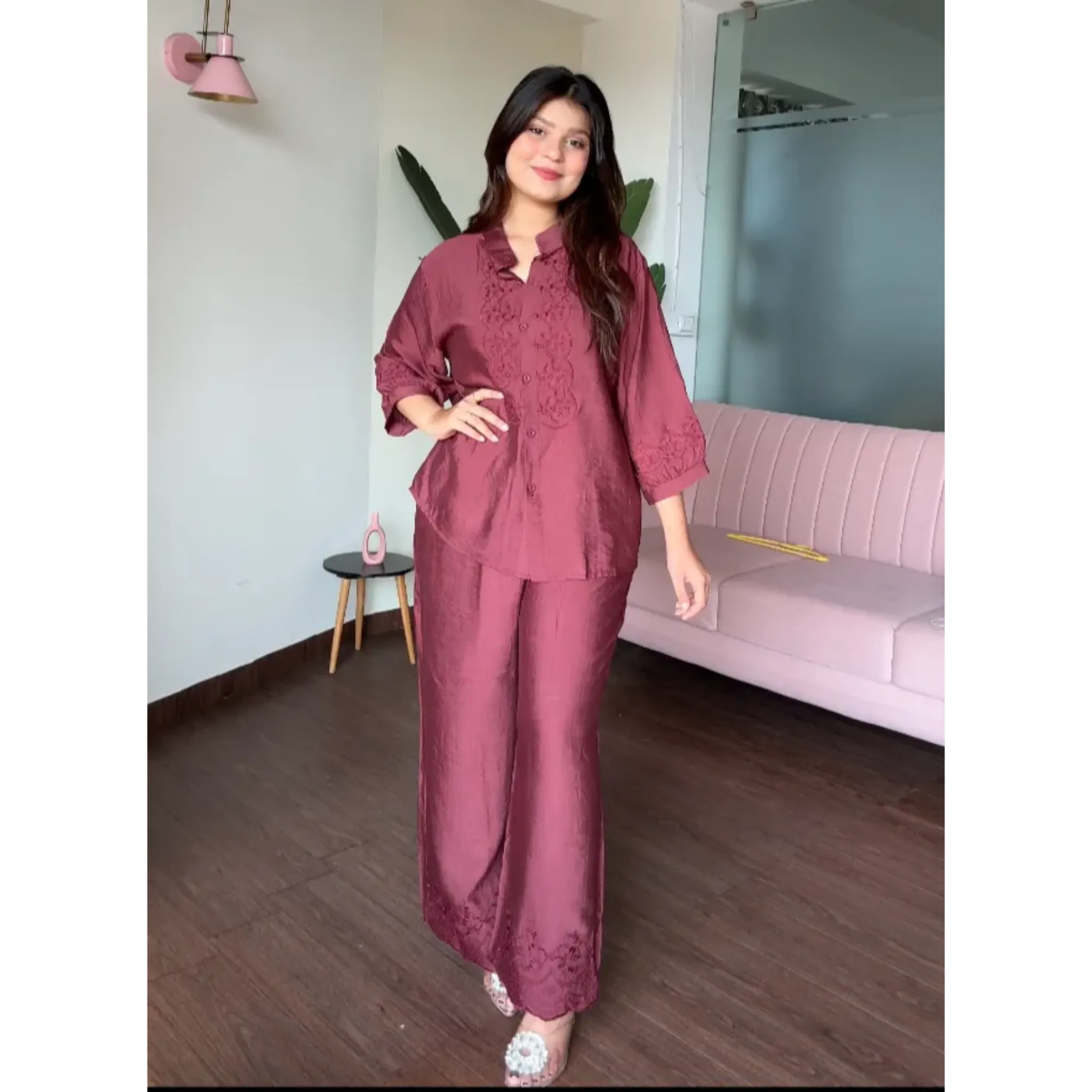 Embroidery Cotton Monochrome Wide Leg Co-ord Set