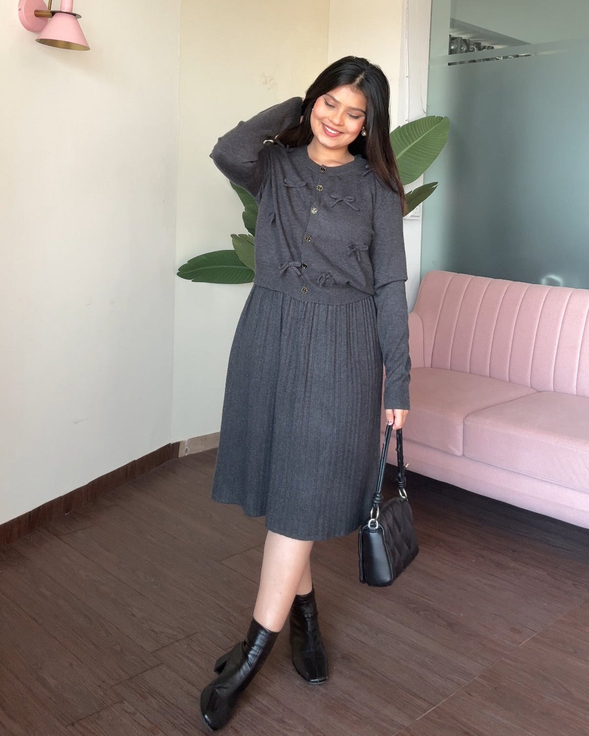 Bow Cardigan Detailing Winter Midi Dress